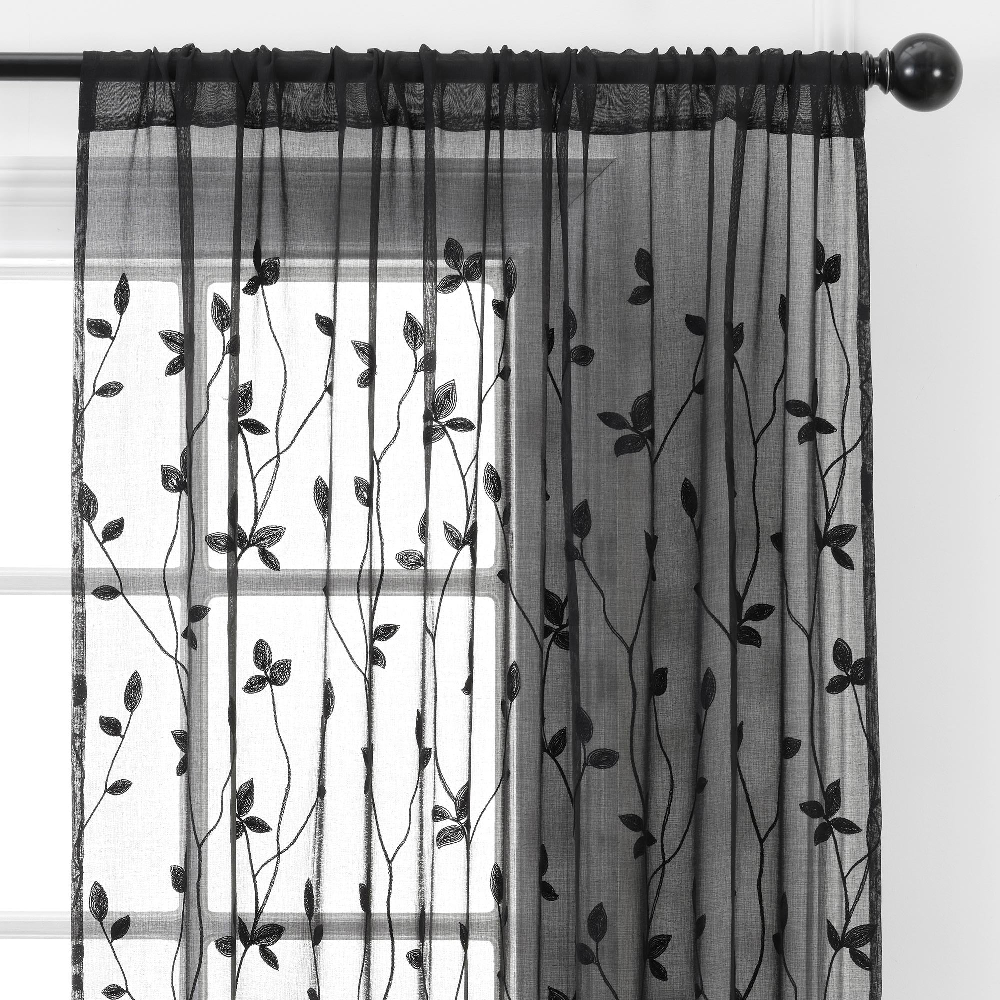 Embroidered Vine Sheer Rod Pocket Curtains-Tolkye