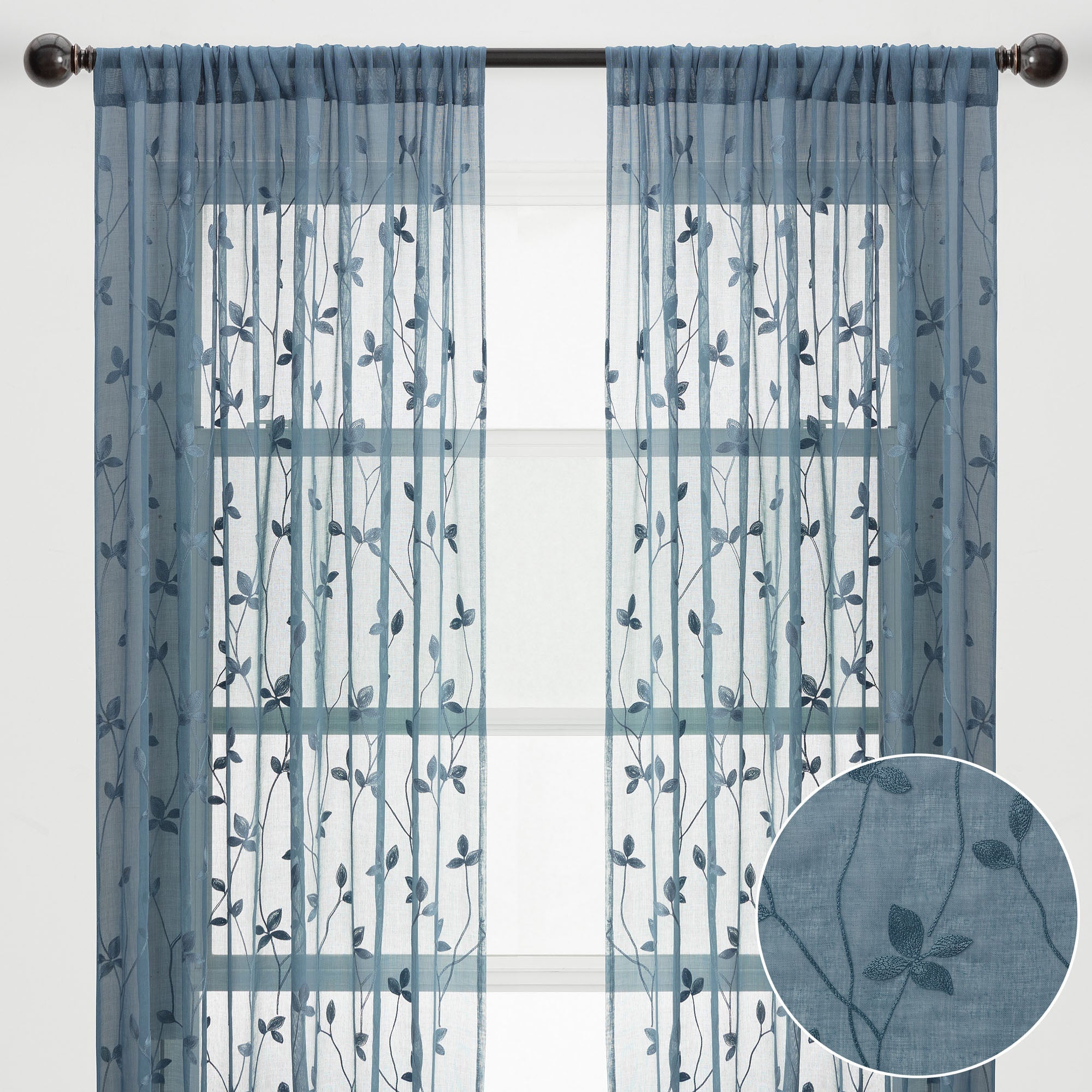 Embroidered Vine Sheer Rod Pocket Curtains-Tolkye