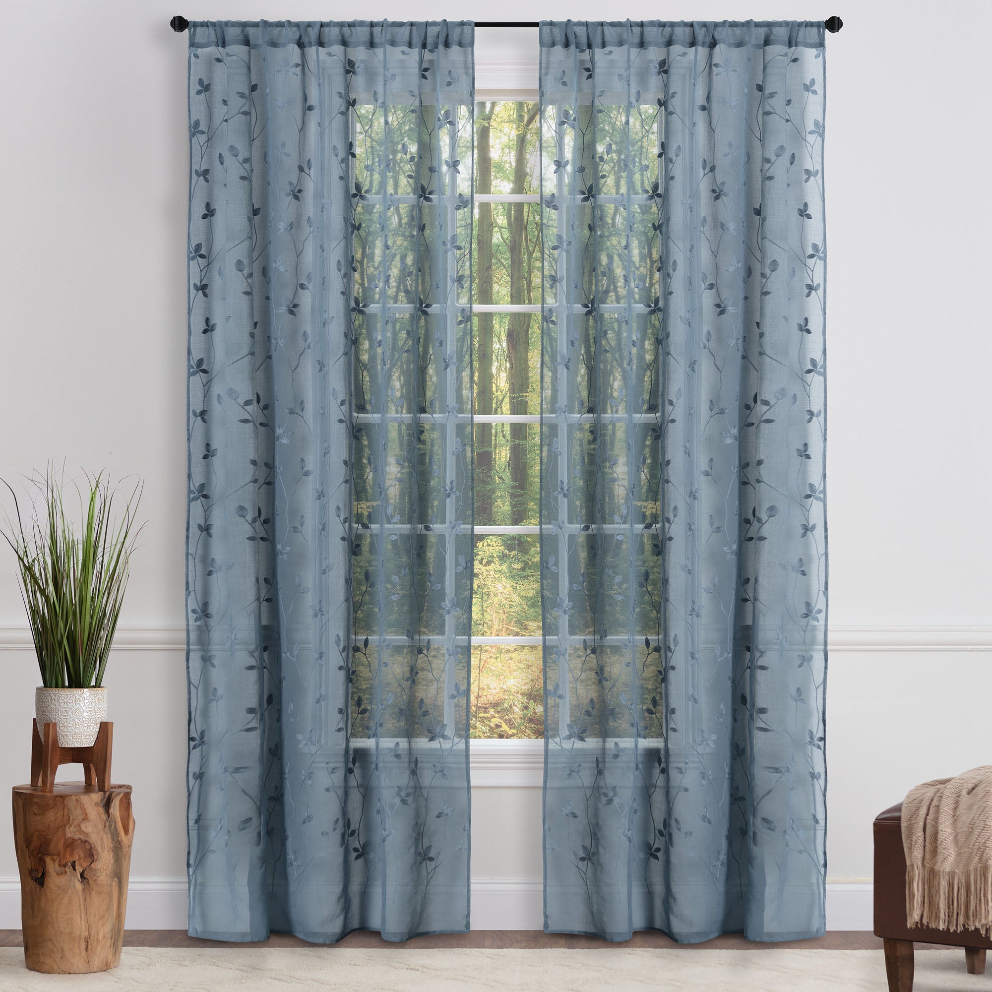 Embroidered Vine Sheer Rod Pocket Curtains-Tolkye