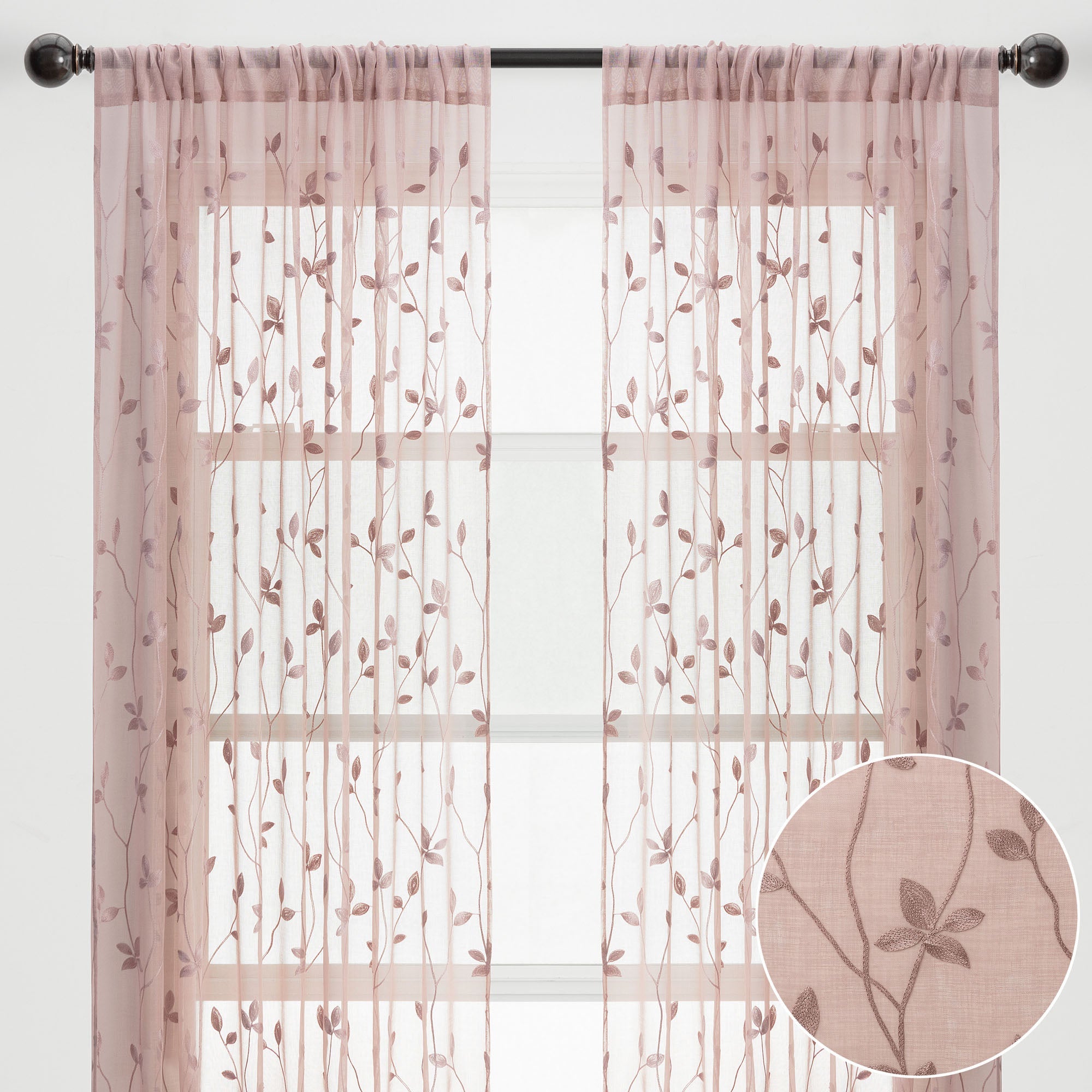 Embroidered Vine Sheer Rod Pocket Curtains-Tolkye