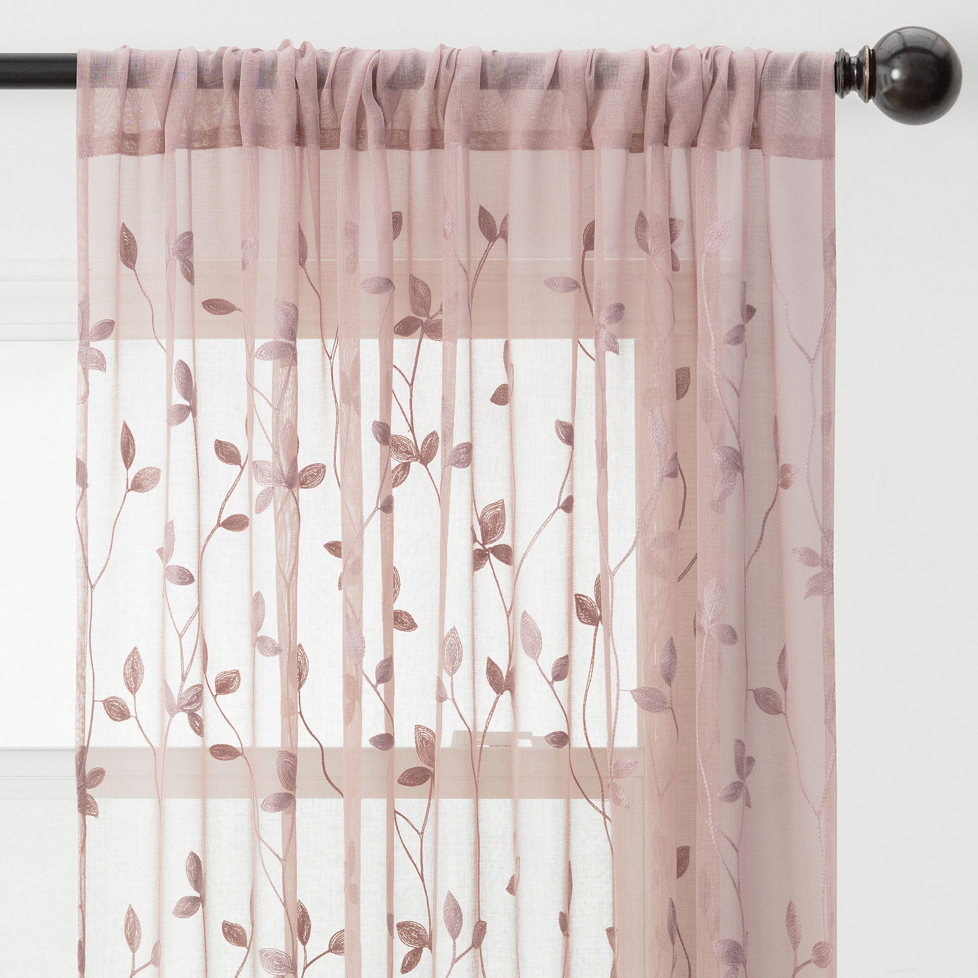 Embroidered Vine Sheer Rod Pocket Curtains-Tolkye