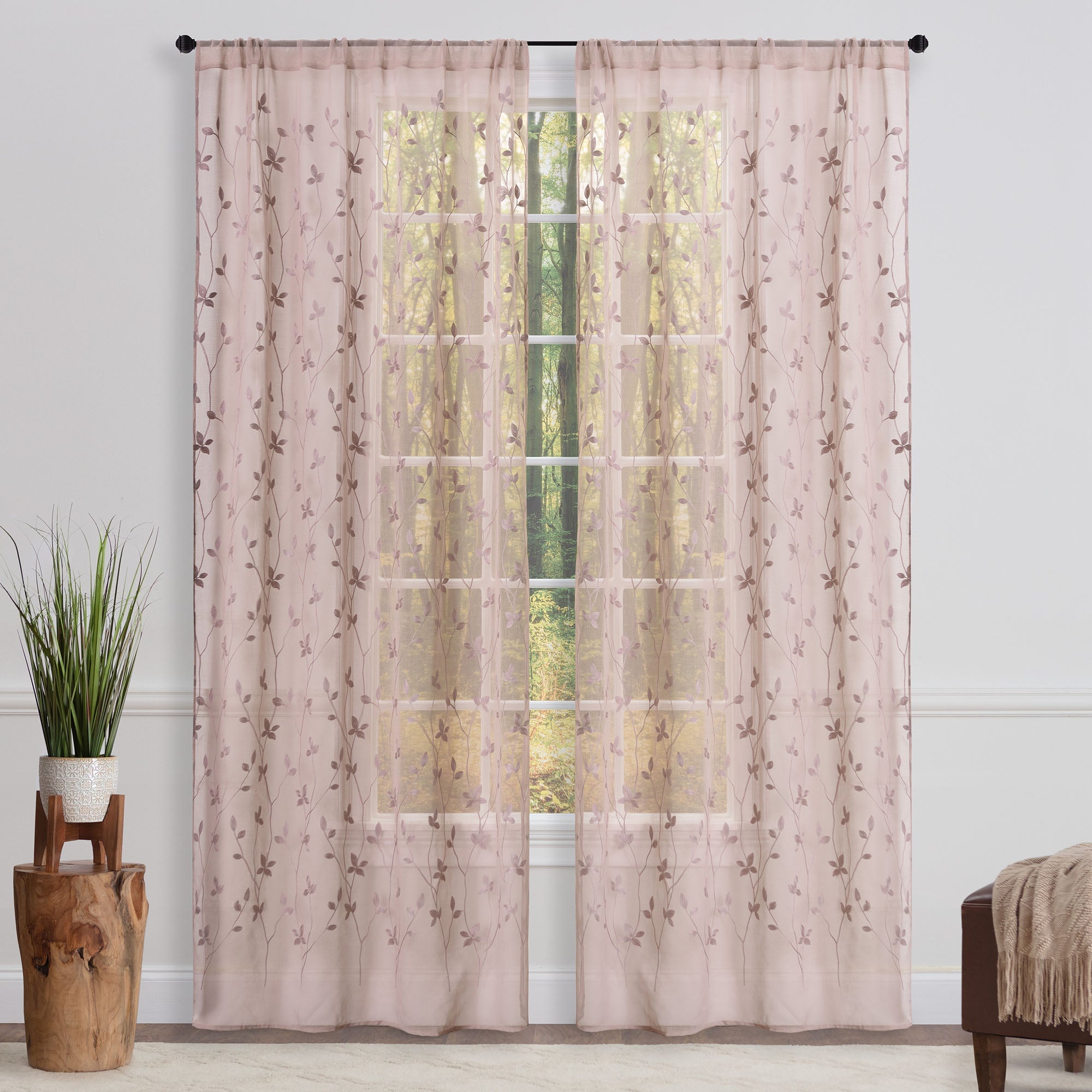 Embroidered Vine Sheer Rod Pocket Curtains-Tolkye
