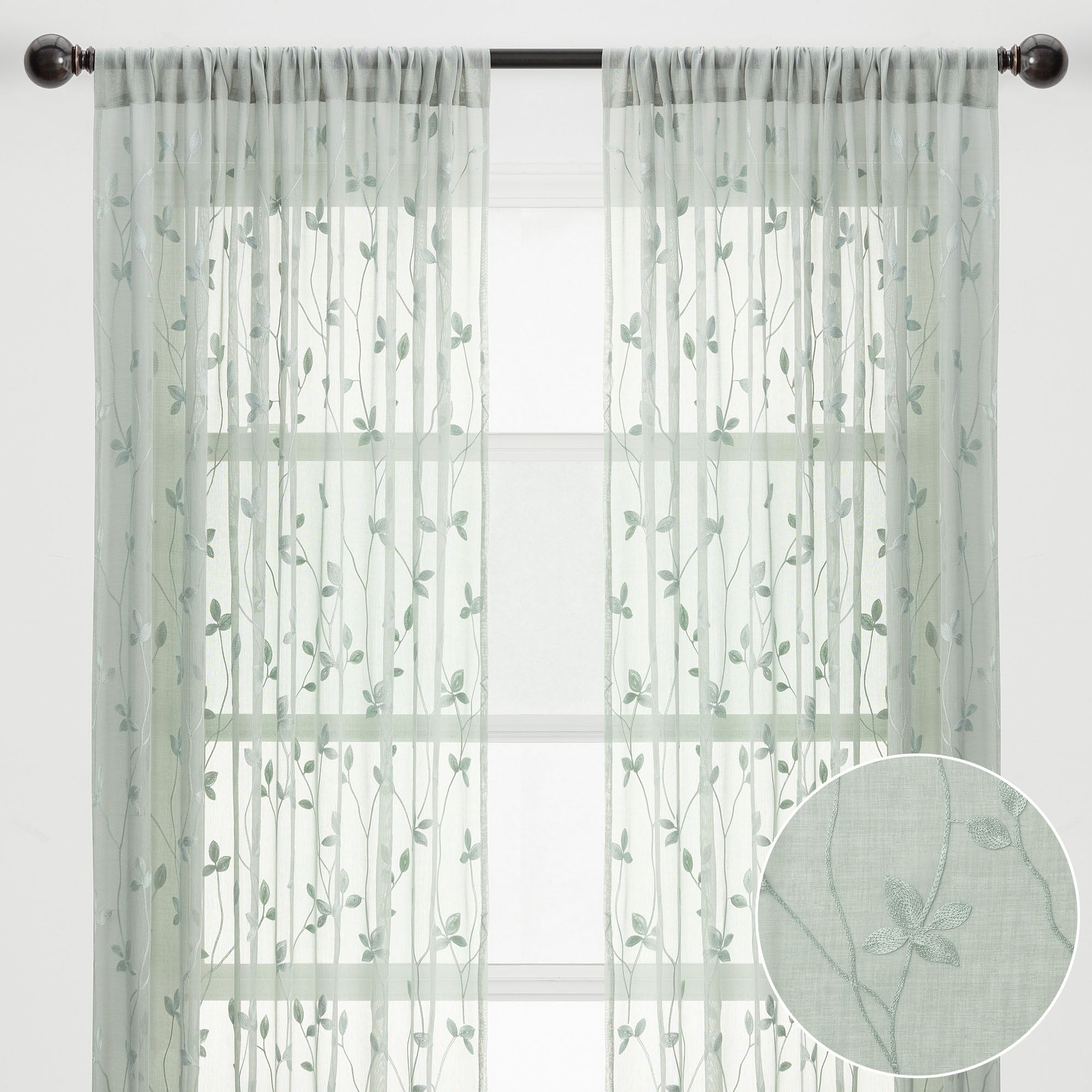 Embroidered Vine Sheer Rod Pocket Curtains-Tolkye