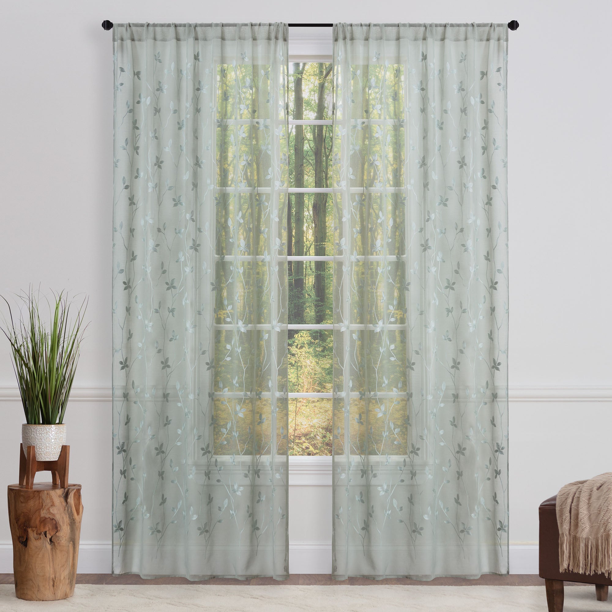 Embroidered Vine Sheer Rod Pocket Curtains-Tolkye