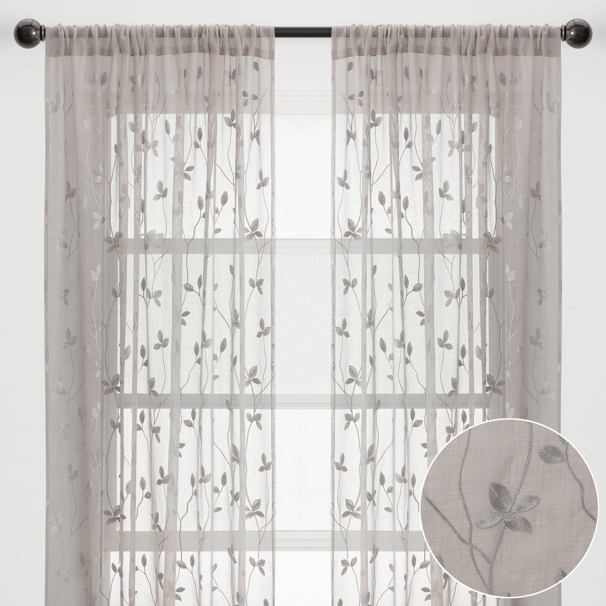 Embroidered Vine Sheer Rod Pocket Curtains-Tolkye