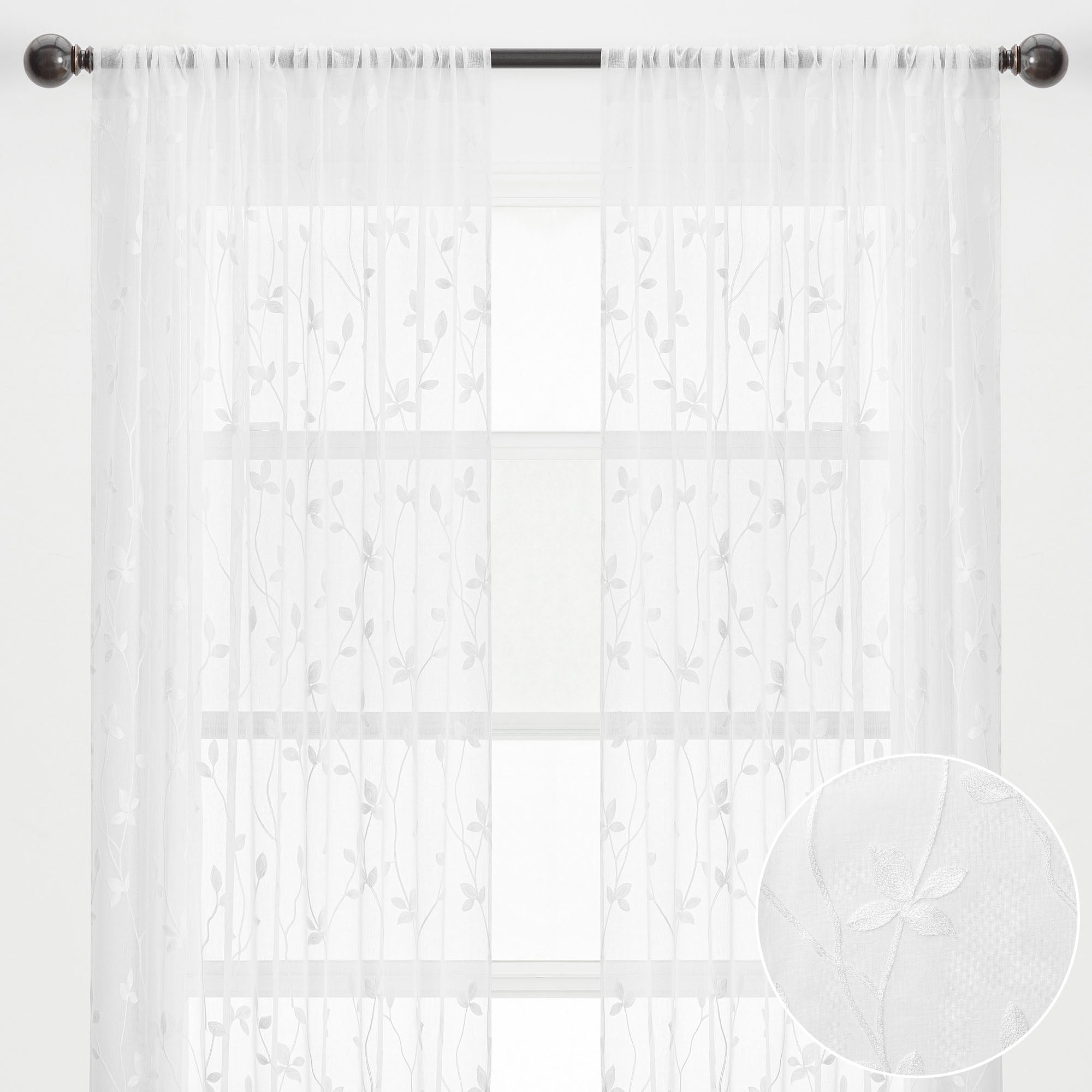 Embroidered Vine Sheer Rod Pocket Curtains-Tolkye