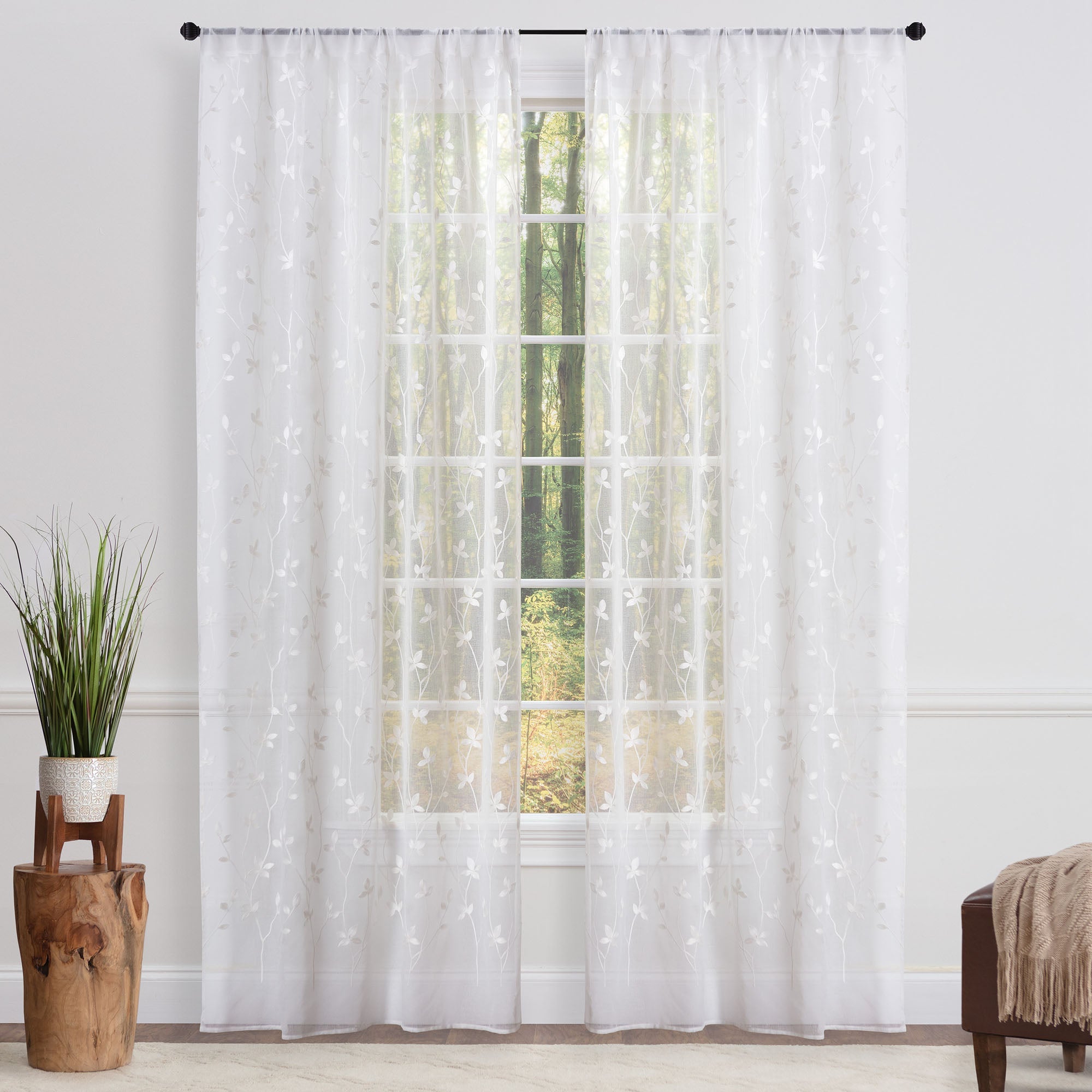 Embroidered Vine Sheer Rod Pocket Curtains-Tolkye