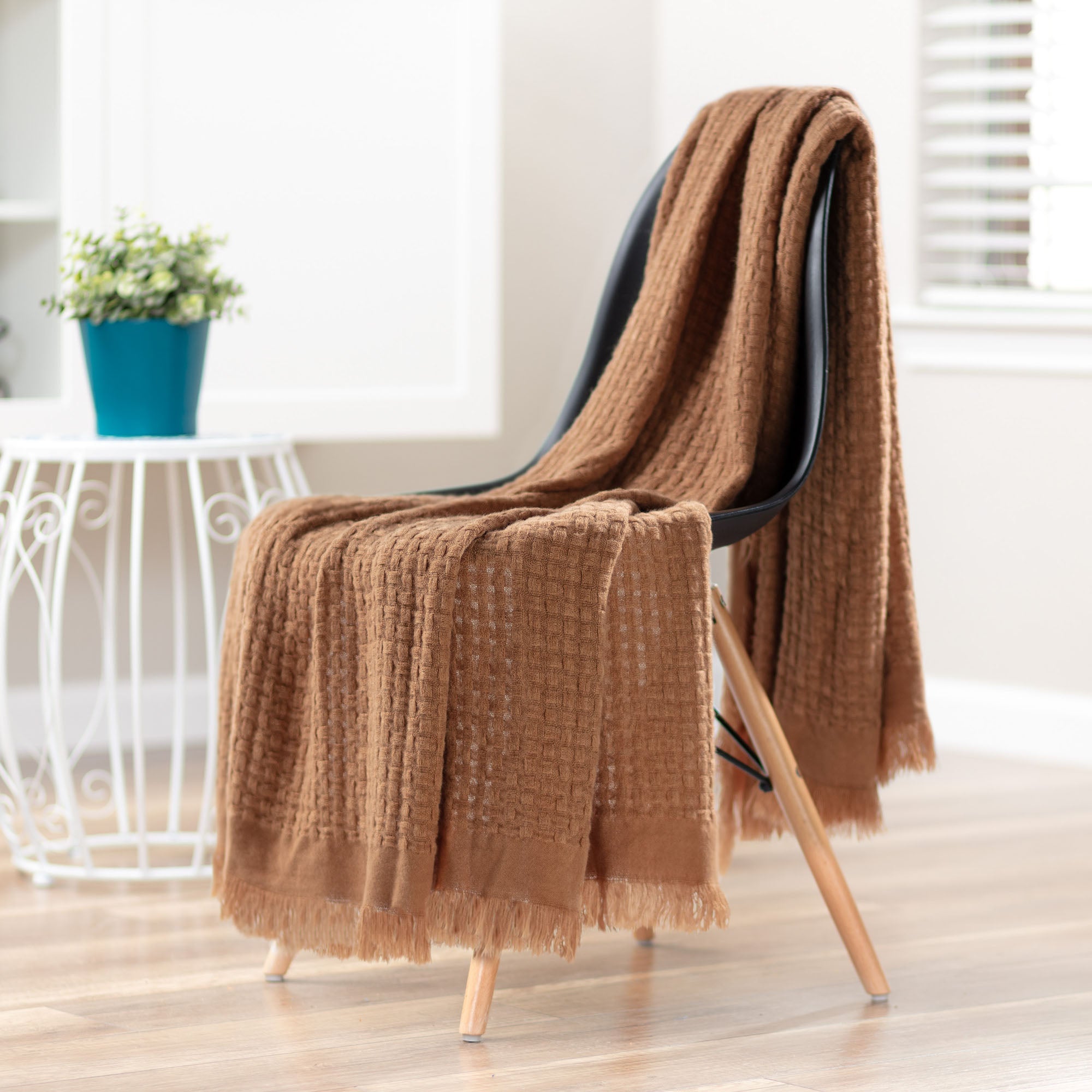 Waffle Fringe Throw Blanket-Tolkye