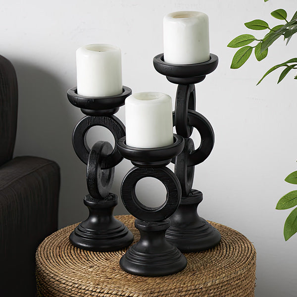 Black Ring Wood Candle Holders, Set of 3