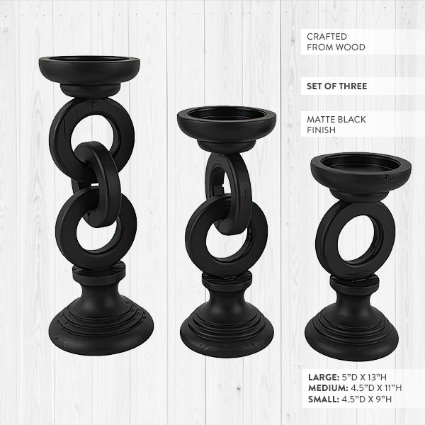 Black Ring Wood Candle Holders, Set of 3