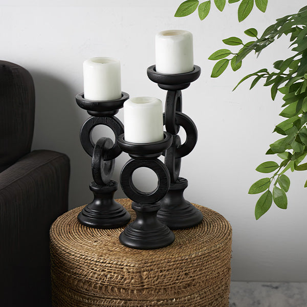 Black Ring Wood Candle Holders, Set of 3