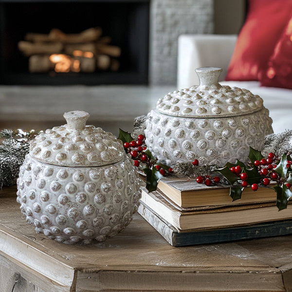 Round Knobby White Ceramic Canisters, Set of Two