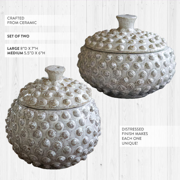 Round Knobby White Ceramic Canisters, Set of Two