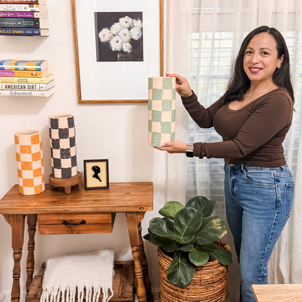 Checkered Clay Cylinder Planters, Set of Three, Choose Your Style