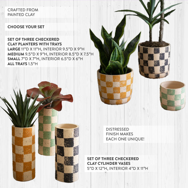 Checkered Clay Cylinder Planters, Set of Three, Choose Your Style