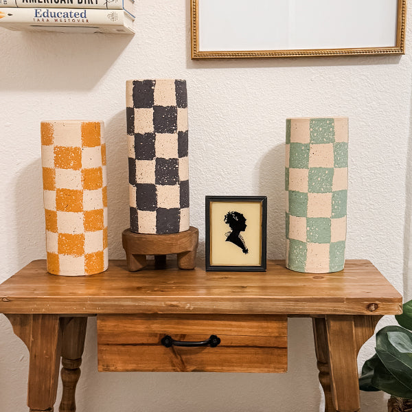 Checkered Clay Cylinder Planters, Set of Three, Choose Your Style