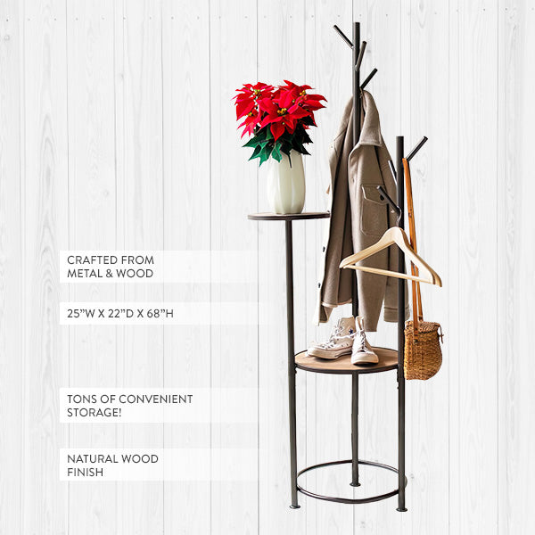 Industrial Freestanding Wood and Metal Coat Rack with Round Shelves