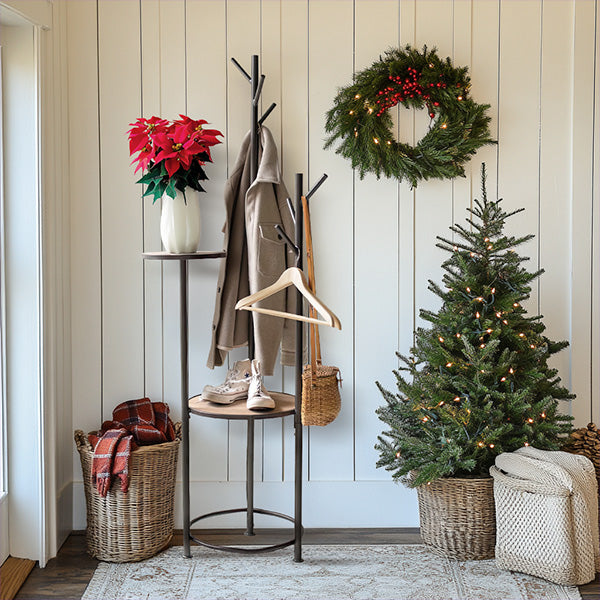 Industrial Freestanding Wood and Metal Coat Rack with Round Shelves