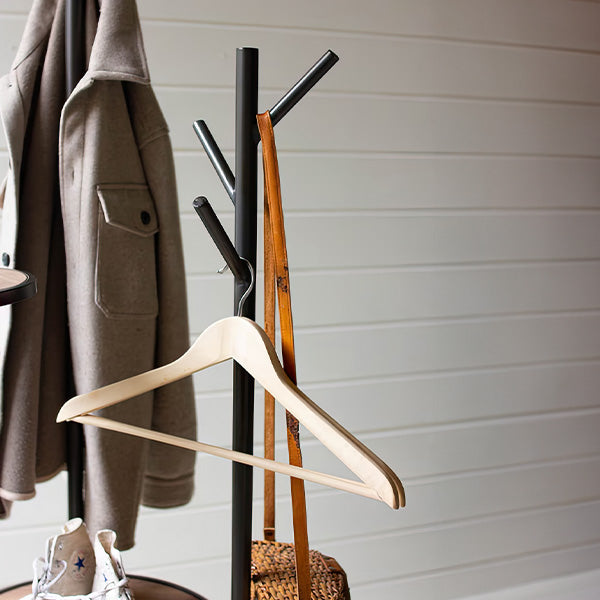 Industrial Freestanding Wood and Metal Coat Rack with Round Shelves