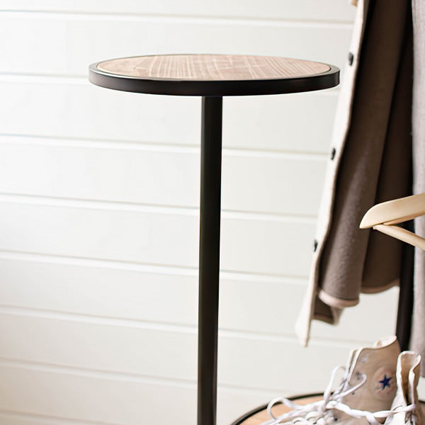 Industrial Freestanding Wood and Metal Coat Rack with Round Shelves