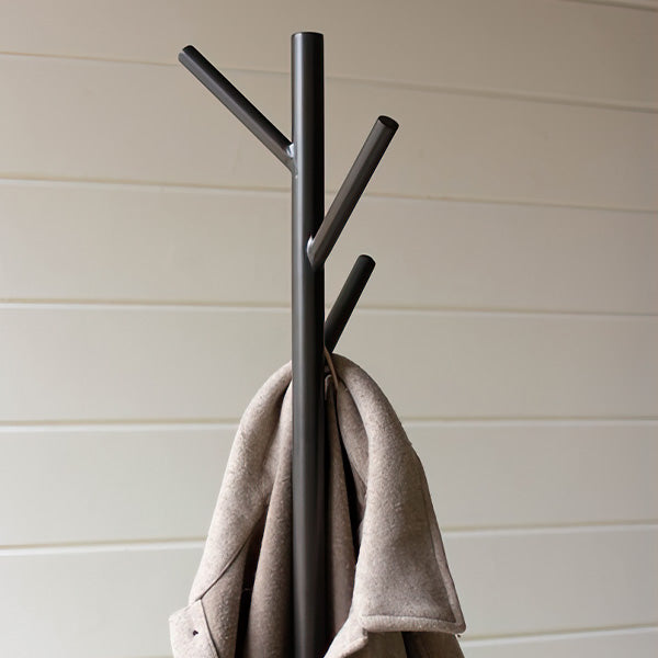 Industrial Freestanding Wood and Metal Coat Rack with Round Shelves