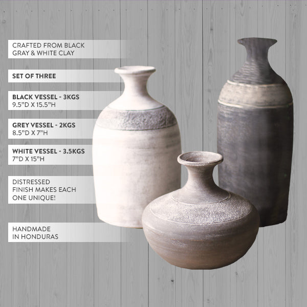 Large Handmade Elemental Clay Vases, Set of 3