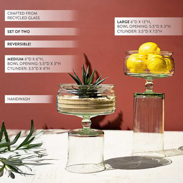 Reversible Recycled Glass Compotes, Set of Two