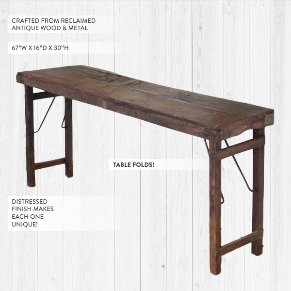 Antique Reclaimed Wooden Folding Console Table