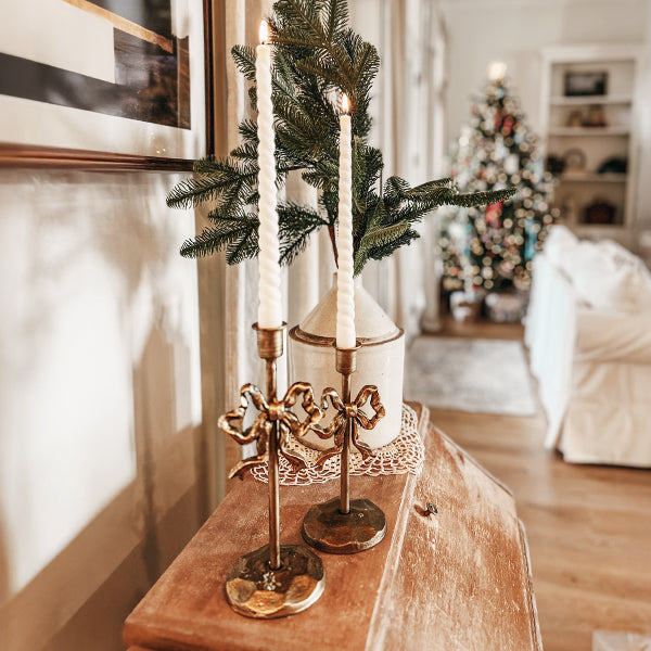 Ornate Bow Antique Gold Cast Iron Candle Holders, Set of Two