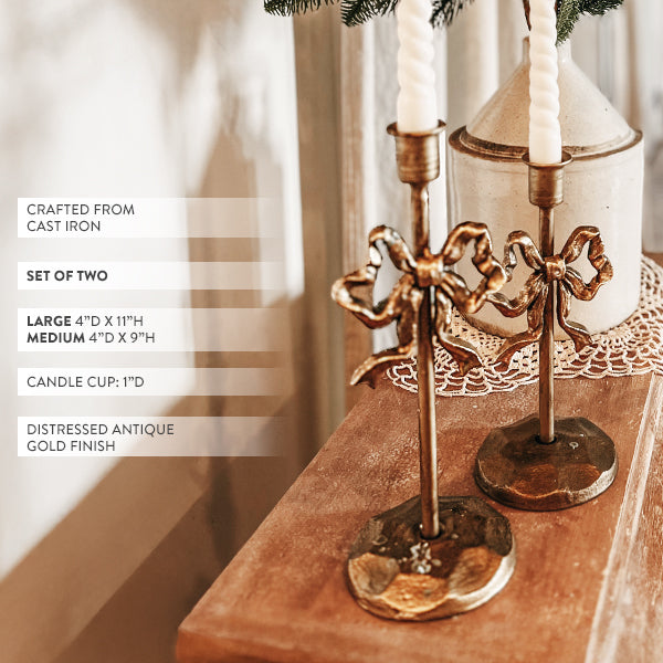 Ornate Bow Antique Gold Cast Iron Candle Holders, Set of Two