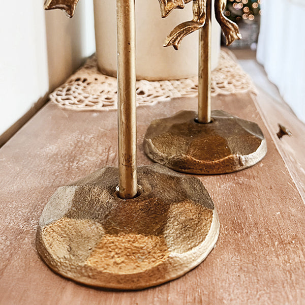 Ornate Bow Antique Gold Cast Iron Candle Holders, Set of Two