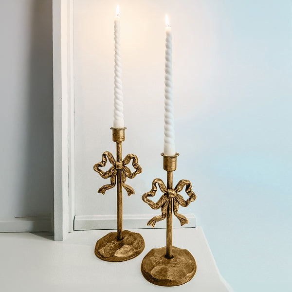 Ornate Bow Antique Gold Cast Iron Candle Holders, Set of Two