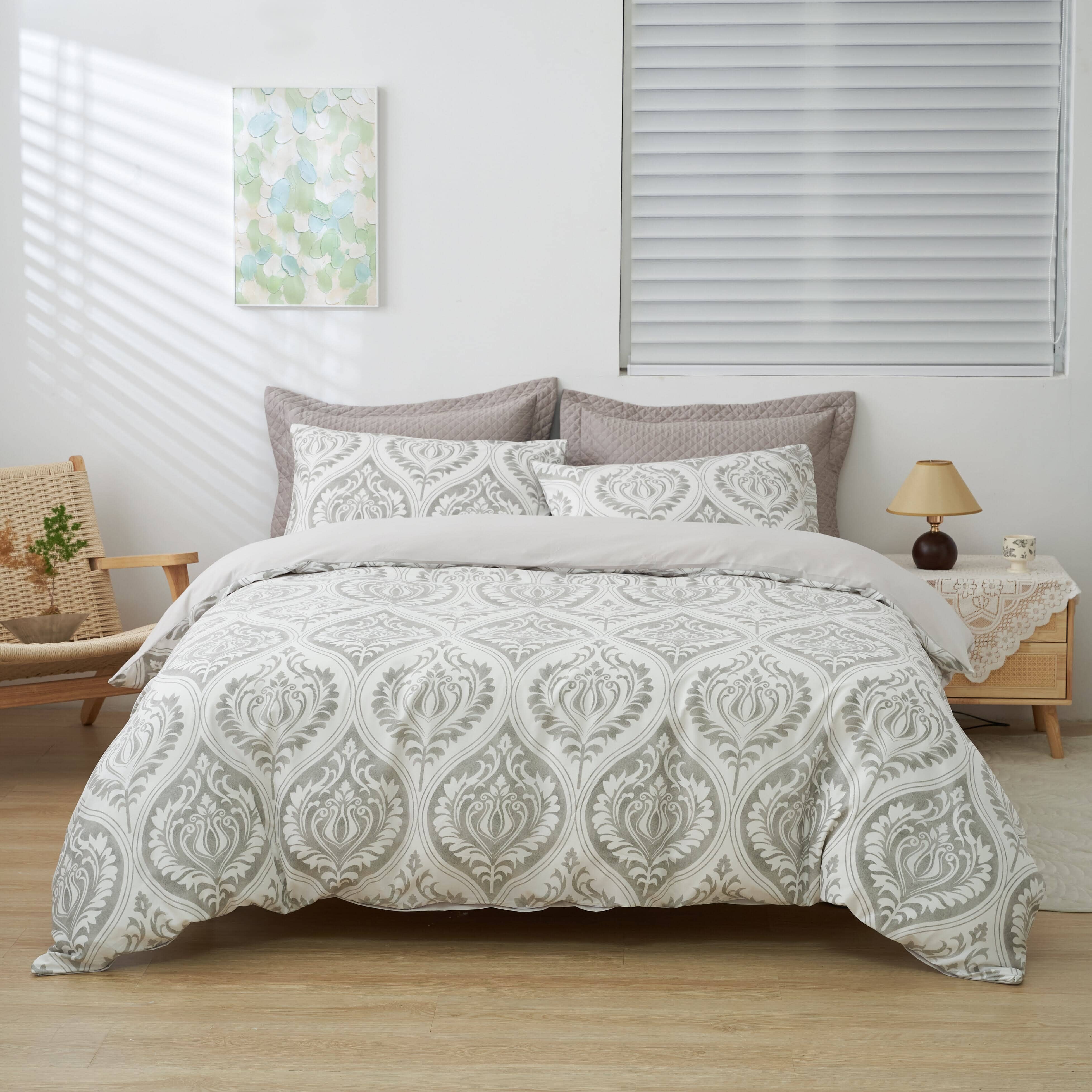 Dreamy Moon Sky Ogee Damask Heather Gray White Duvet Cover