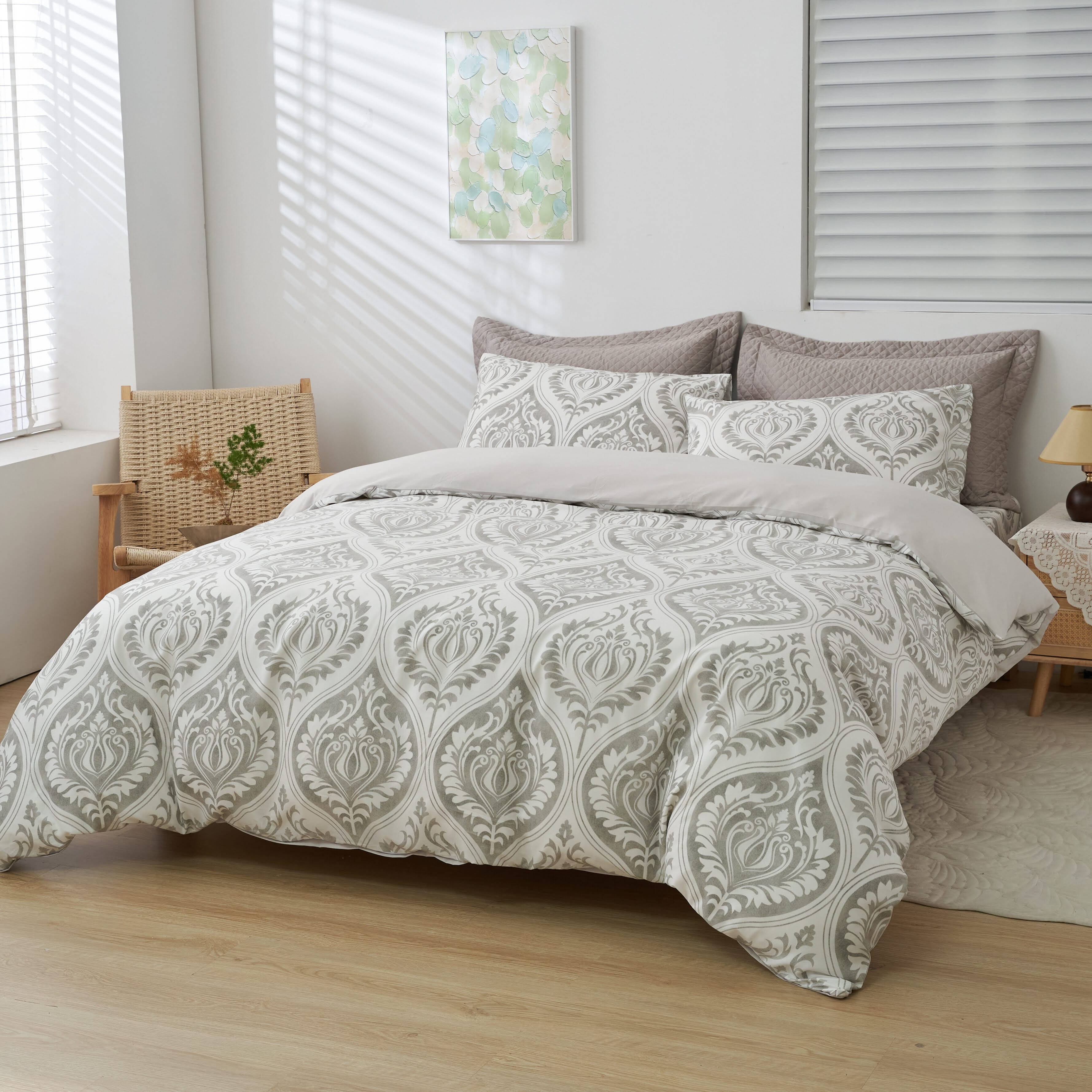 Dreamy Moon Sky Ogee Damask Heather Gray White Duvet Cover