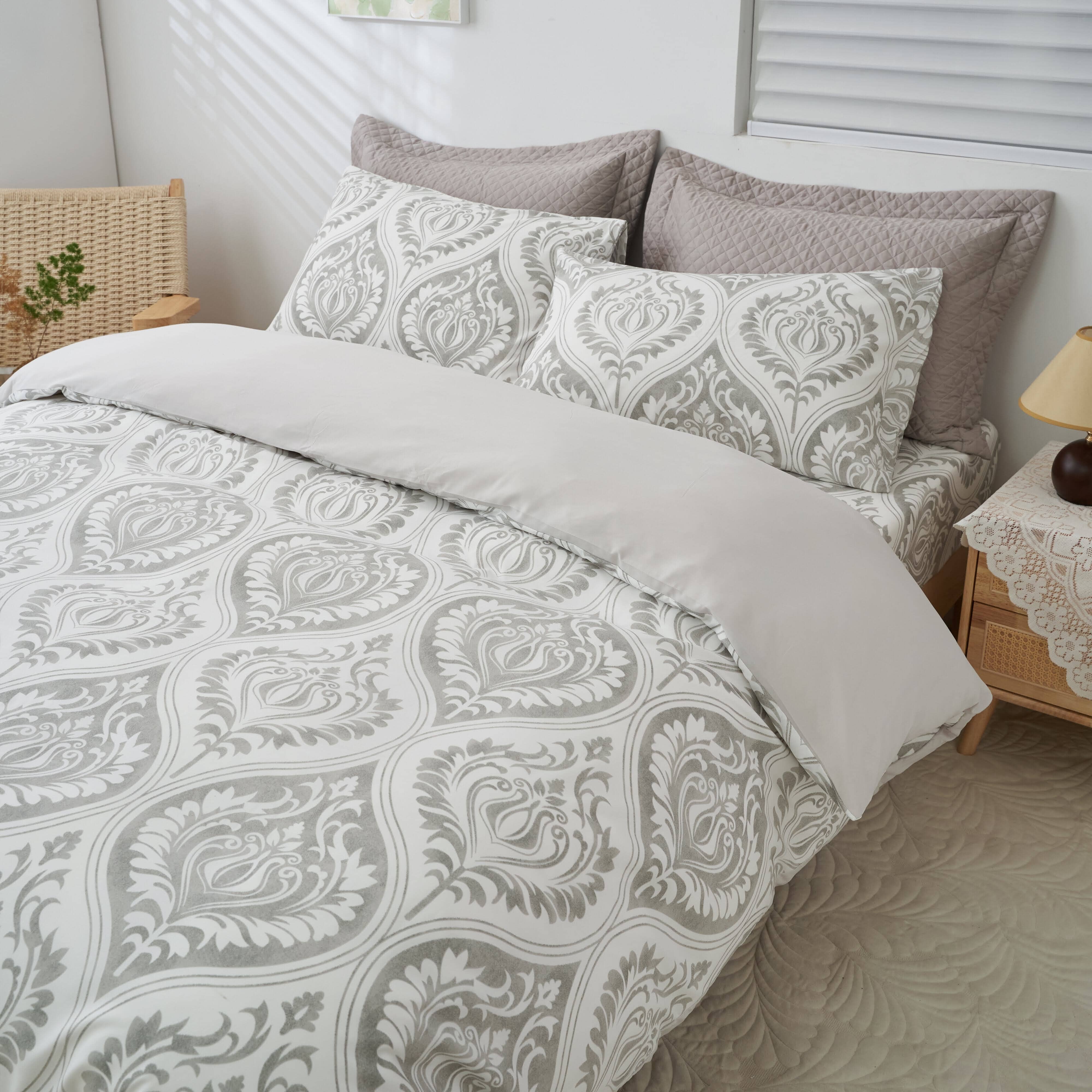 Dreamy Moon Sky Ogee Damask Heather Gray White Duvet Cover