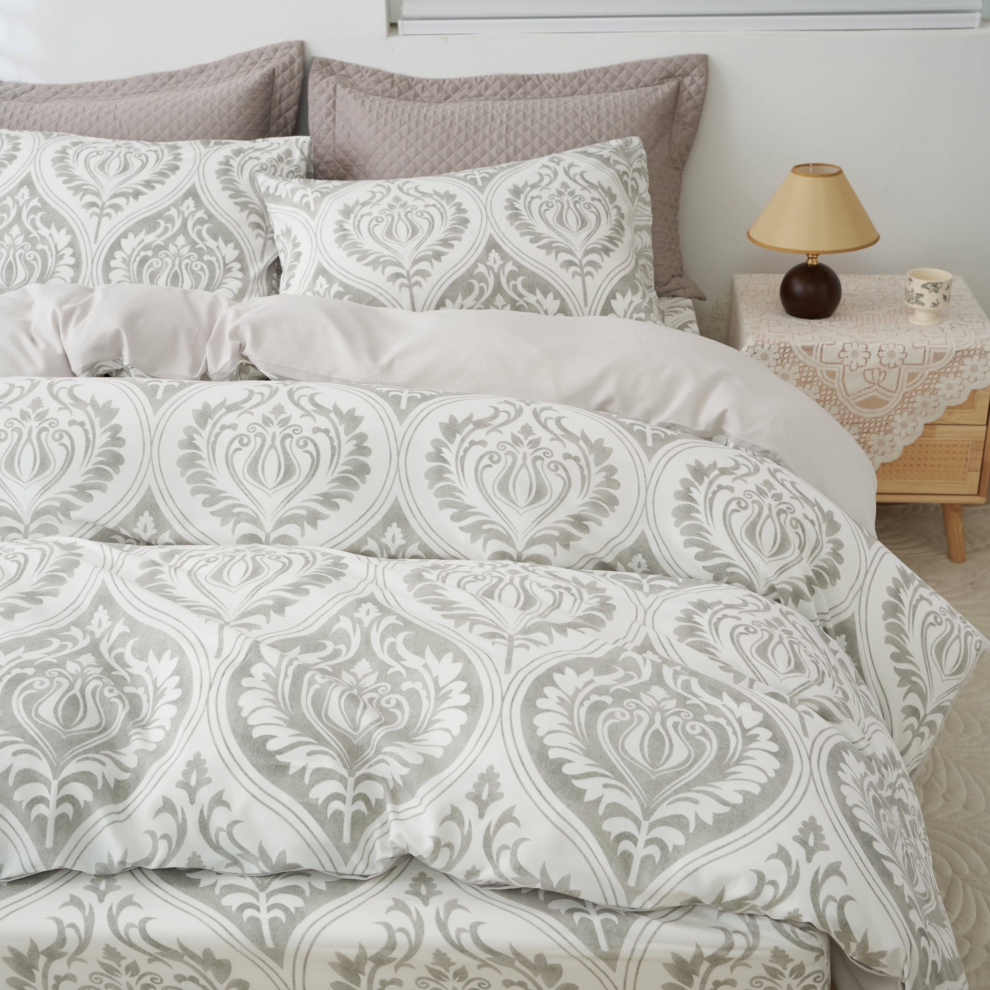 Dreamy Moon Sky Ogee Damask Heather Gray White Duvet Cover