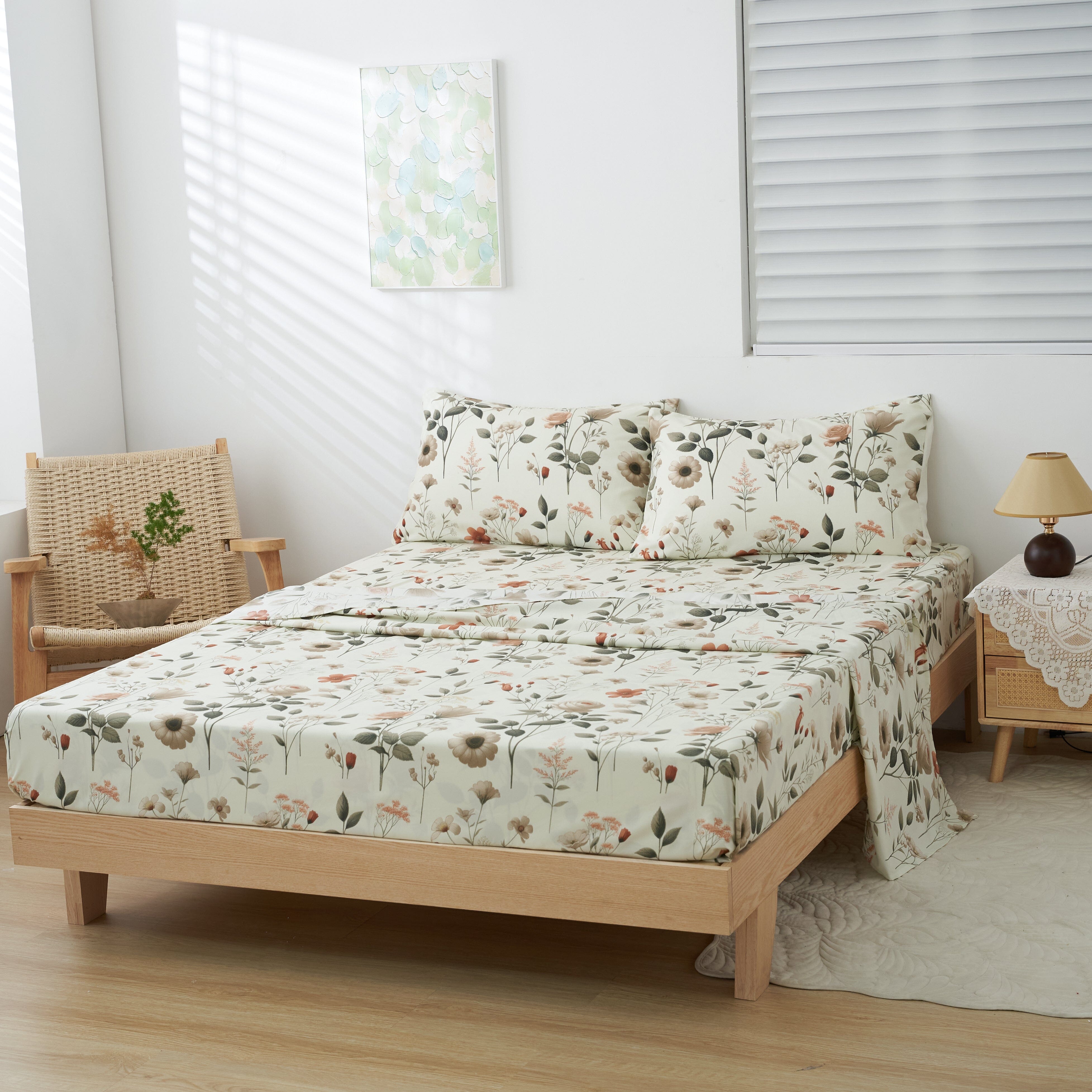 Enchanted Meadow Bed Sheet Set - Floral Harmony in Beige, Rose, and Soft Green, Premium Soft Microfiber, Machine Washable, Deep Pocket 14 - 15 Inches + Flat Sheet-Tolkye