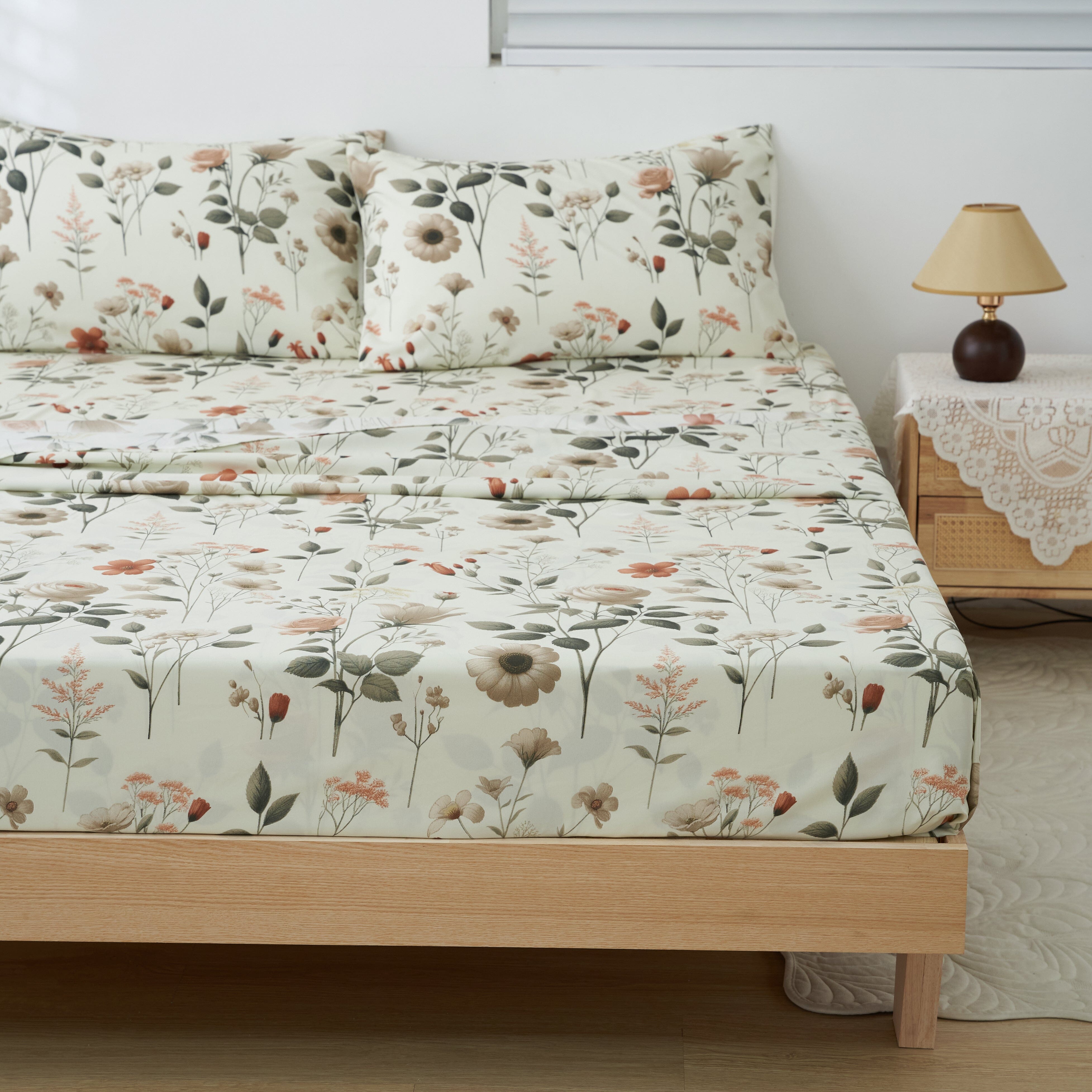 Enchanted Meadow Bed Sheet Set - Floral Harmony in Beige, Rose, and Soft Green, Premium Soft Microfiber, Machine Washable, Deep Pocket 14 - 15 Inches + Flat Sheet-Tolkye