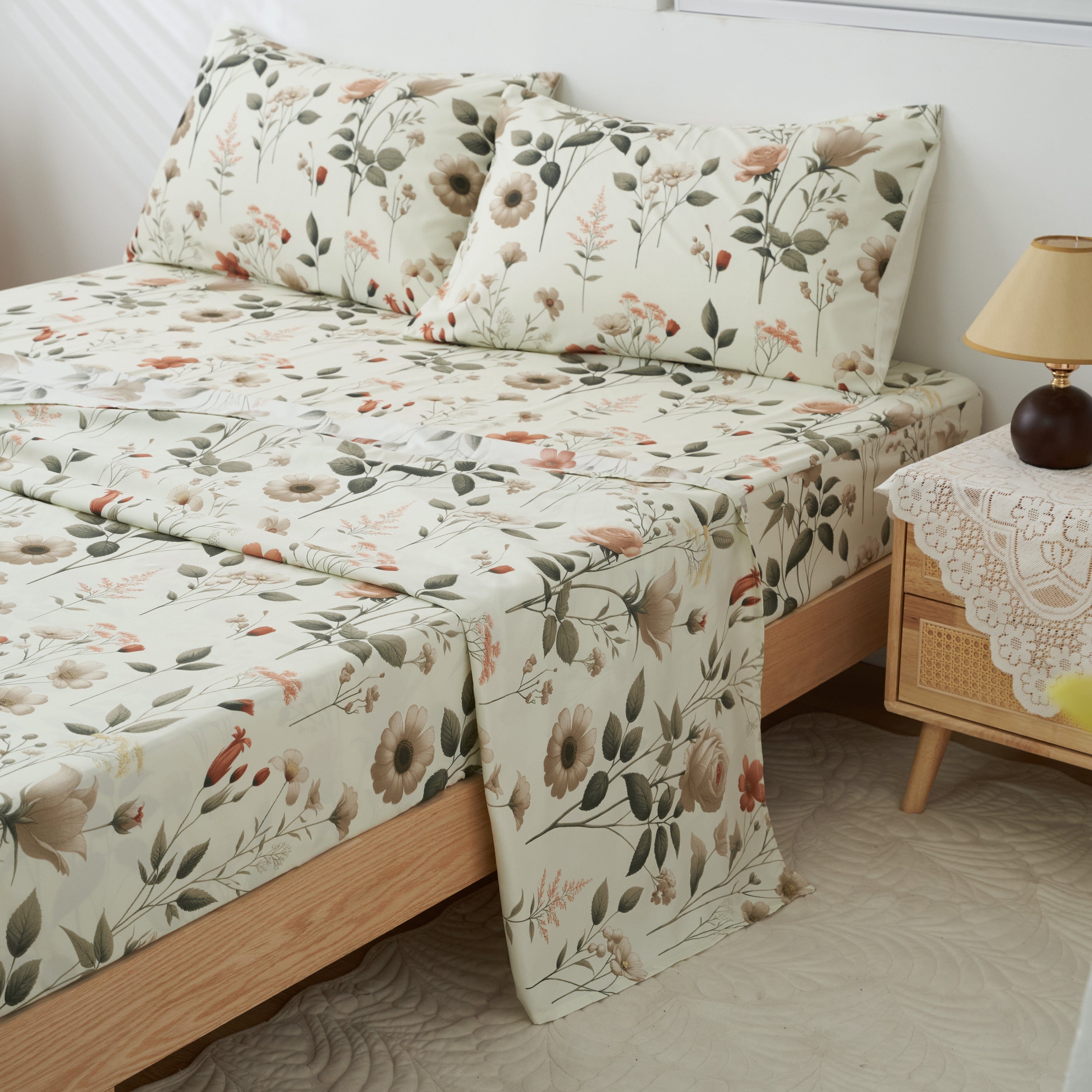 Enchanted Meadow Bed Sheet Set - Floral Harmony in Beige, Rose, and Soft Green, Premium Soft Microfiber, Machine Washable, Deep Pocket 14 - 15 Inches + Flat Sheet-Tolkye