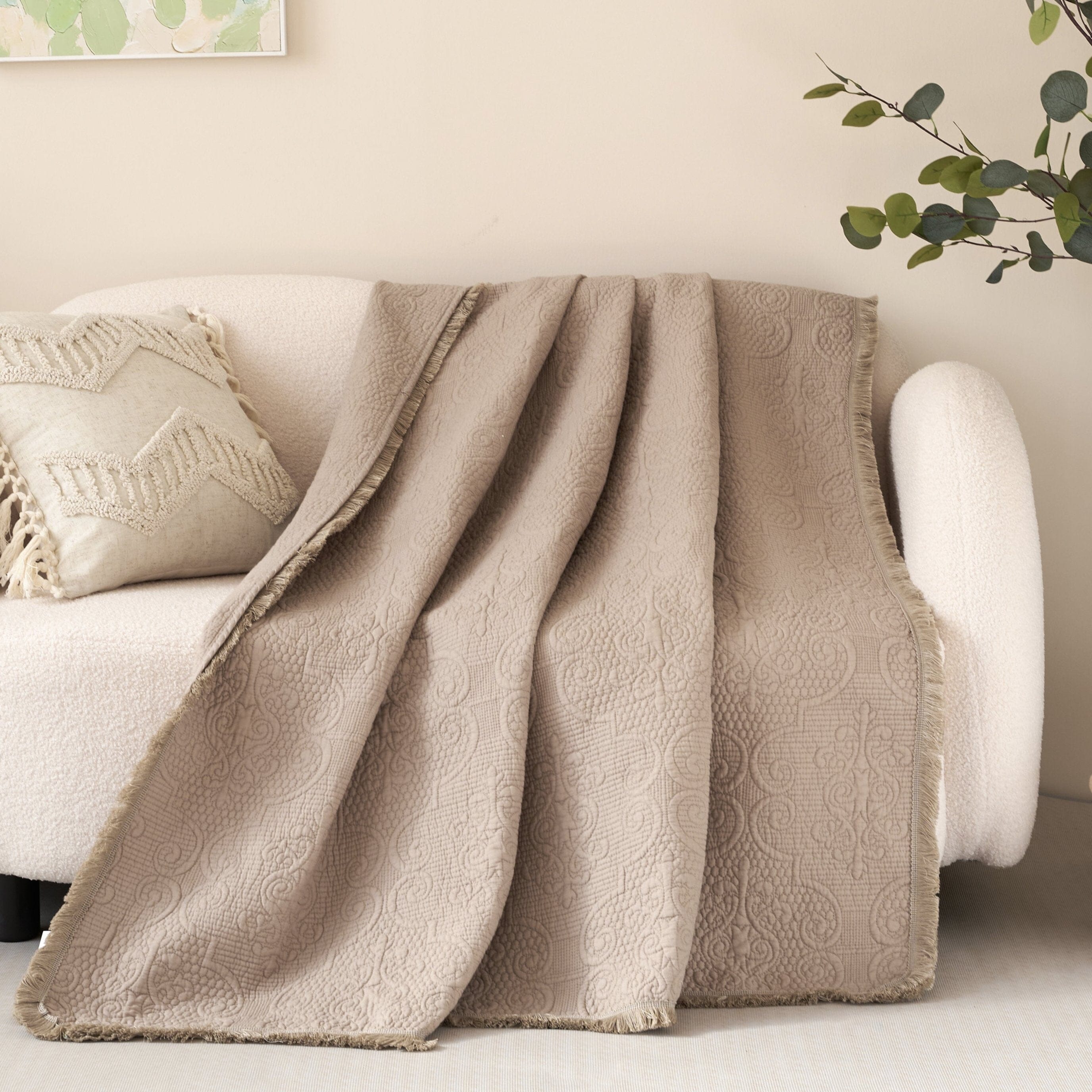 Elegant Fringed Cotton Quilted Throw Blanket - Luxurious Solid Soft Paisley Pattern, Cozy Lightweight Lap Throw, Perfect for Couch or Bed, Neutral Sandy Taupe Tan Beige, 50x60 Inches-Tolkye