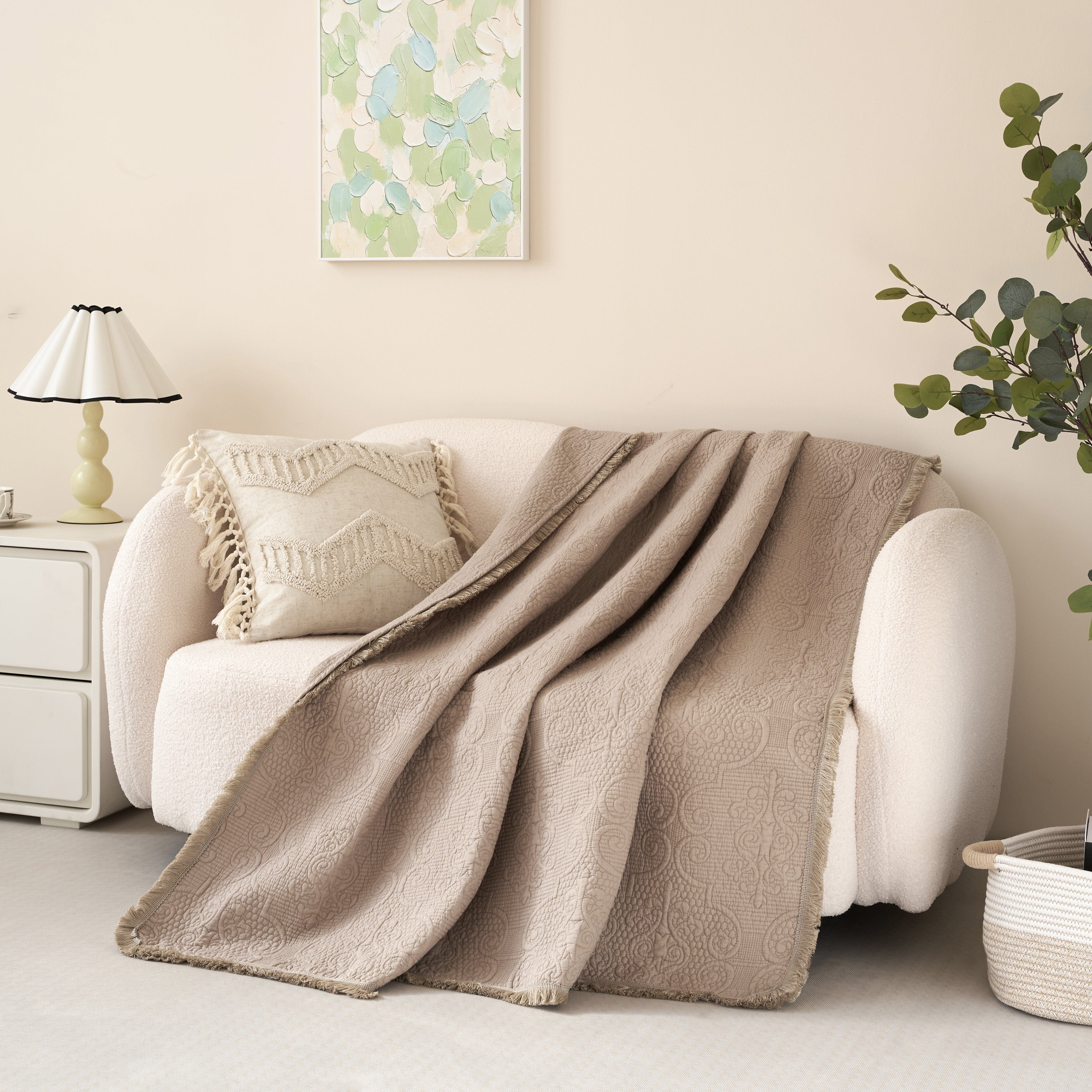 Elegant Fringed Cotton Quilted Throw Blanket - Luxurious Solid Soft Paisley Pattern, Cozy Lightweight Lap Throw, Perfect for Couch or Bed, Neutral Sandy Taupe Tan Beige, 50x60 Inches-Tolkye