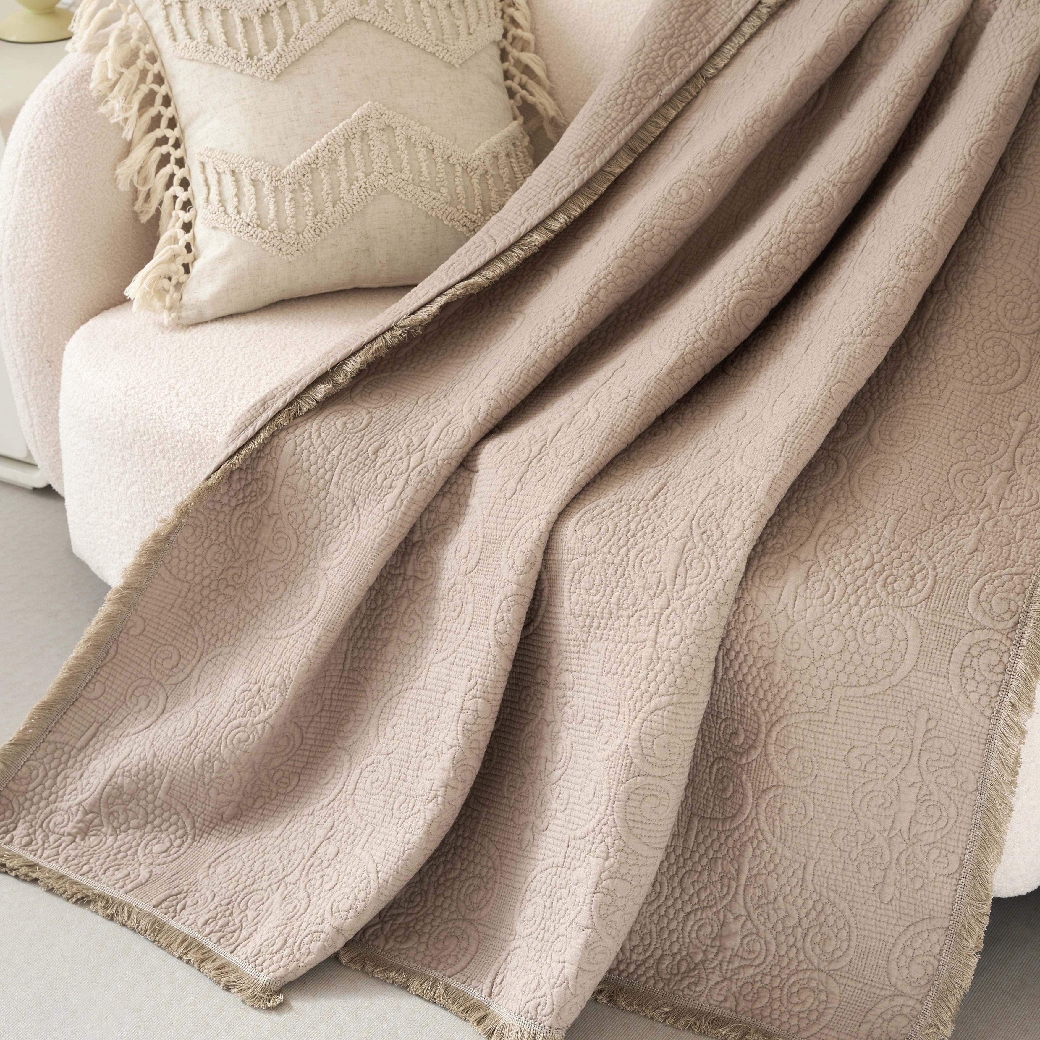 Elegant Fringed Cotton Quilted Throw Blanket - Luxurious Solid Soft Paisley Pattern, Cozy Lightweight Lap Throw, Perfect for Couch or Bed, Neutral Sandy Taupe Tan Beige, 50x60 Inches-Tolkye