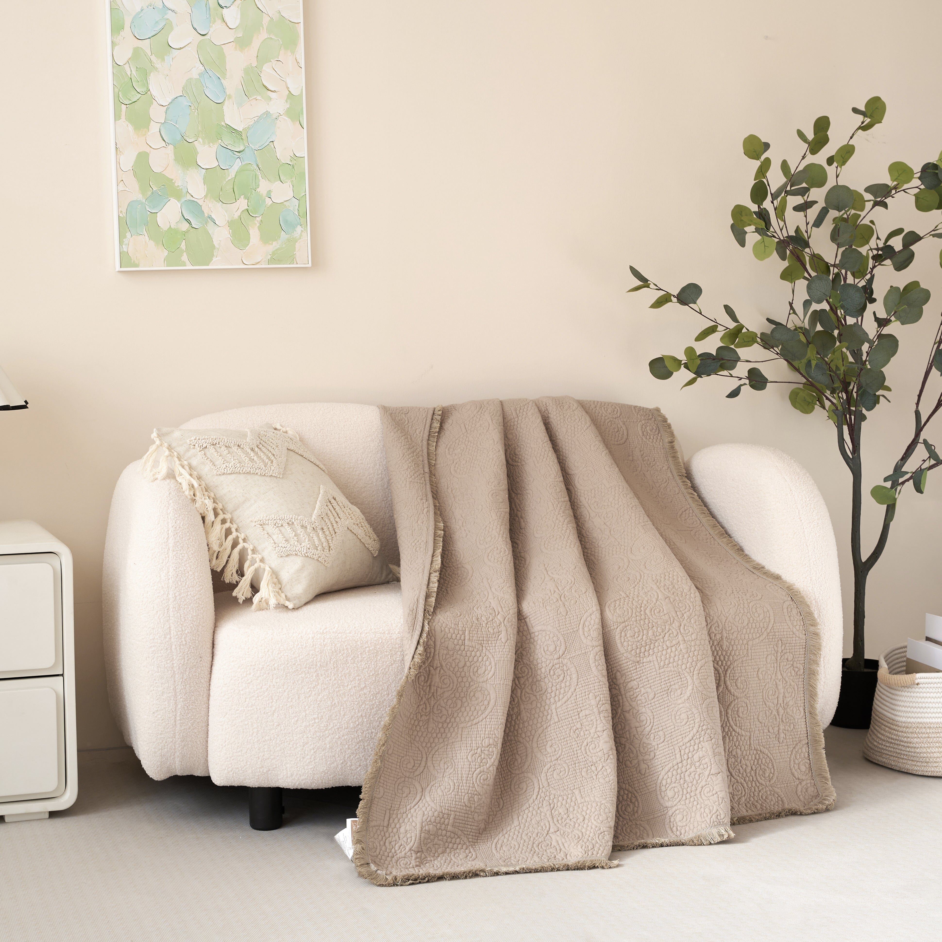 Elegant Fringed Cotton Quilted Throw Blanket - Luxurious Solid Soft Paisley Pattern, Cozy Lightweight Lap Throw, Perfect for Couch or Bed, Neutral Sandy Taupe Tan Beige, 50x60 Inches-Tolkye