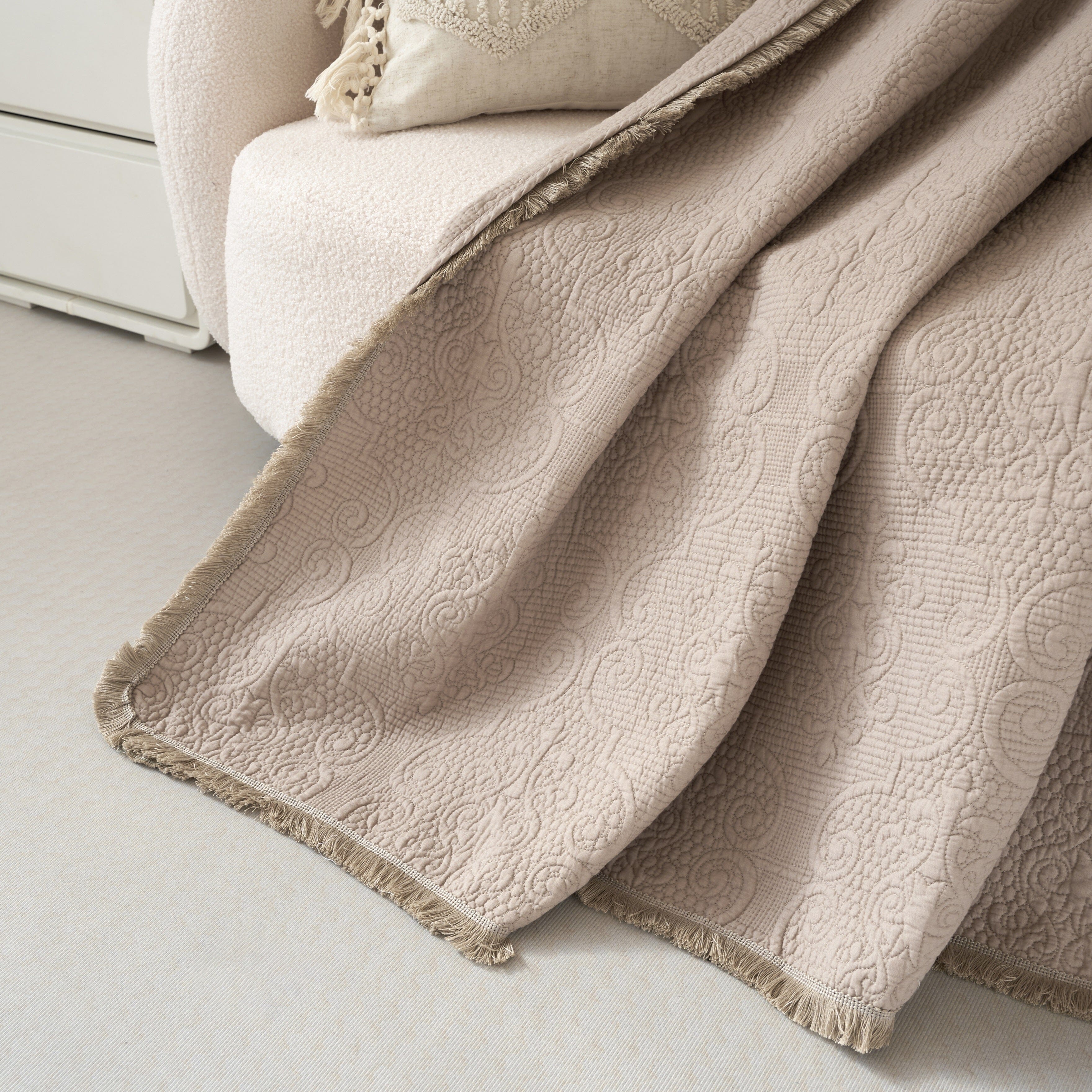 Elegant Fringed Cotton Quilted Throw Blanket - Luxurious Solid Soft Paisley Pattern, Cozy Lightweight Lap Throw, Perfect for Couch or Bed, Neutral Sandy Taupe Tan Beige, 50x60 Inches-Tolkye