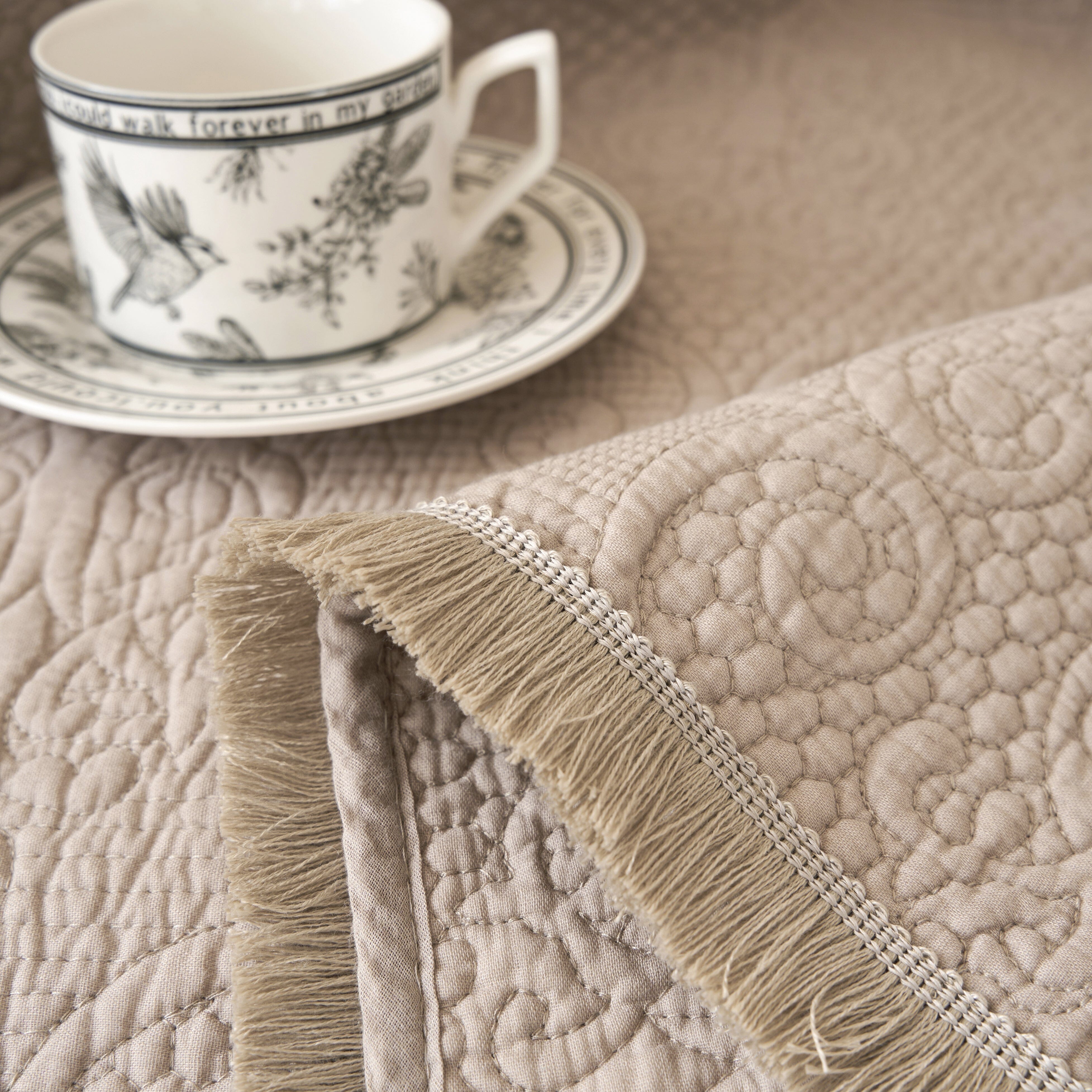 Elegant Fringed Cotton Quilted Throw Blanket - Luxurious Solid Soft Paisley Pattern, Cozy Lightweight Lap Throw, Perfect for Couch or Bed, Neutral Sandy Taupe Tan Beige, 50x60 Inches-Tolkye