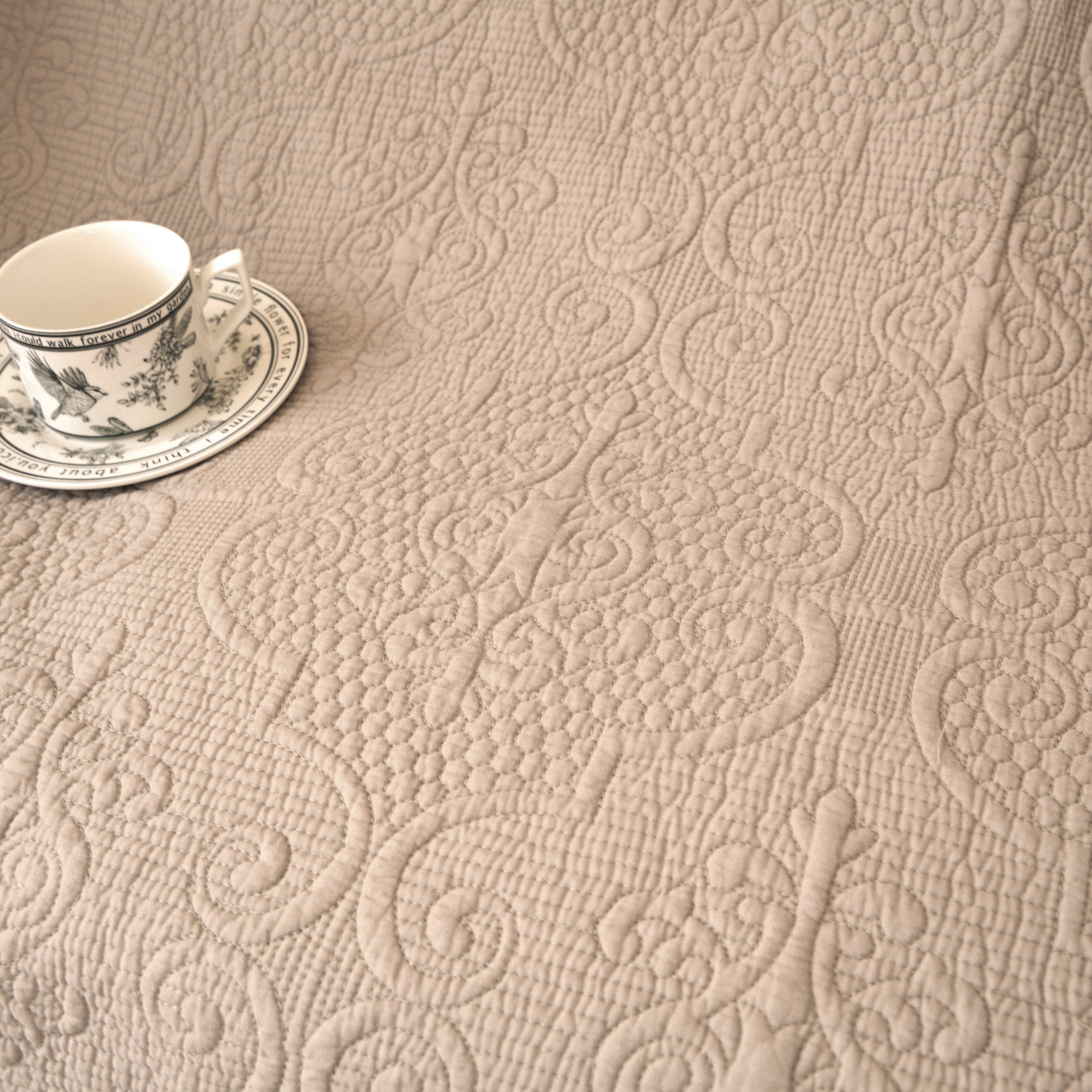 Elegant Fringed Cotton Quilted Throw Blanket - Luxurious Solid Soft Paisley Pattern, Cozy Lightweight Lap Throw, Perfect for Couch or Bed, Neutral Sandy Taupe Tan Beige, 50x60 Inches-Tolkye