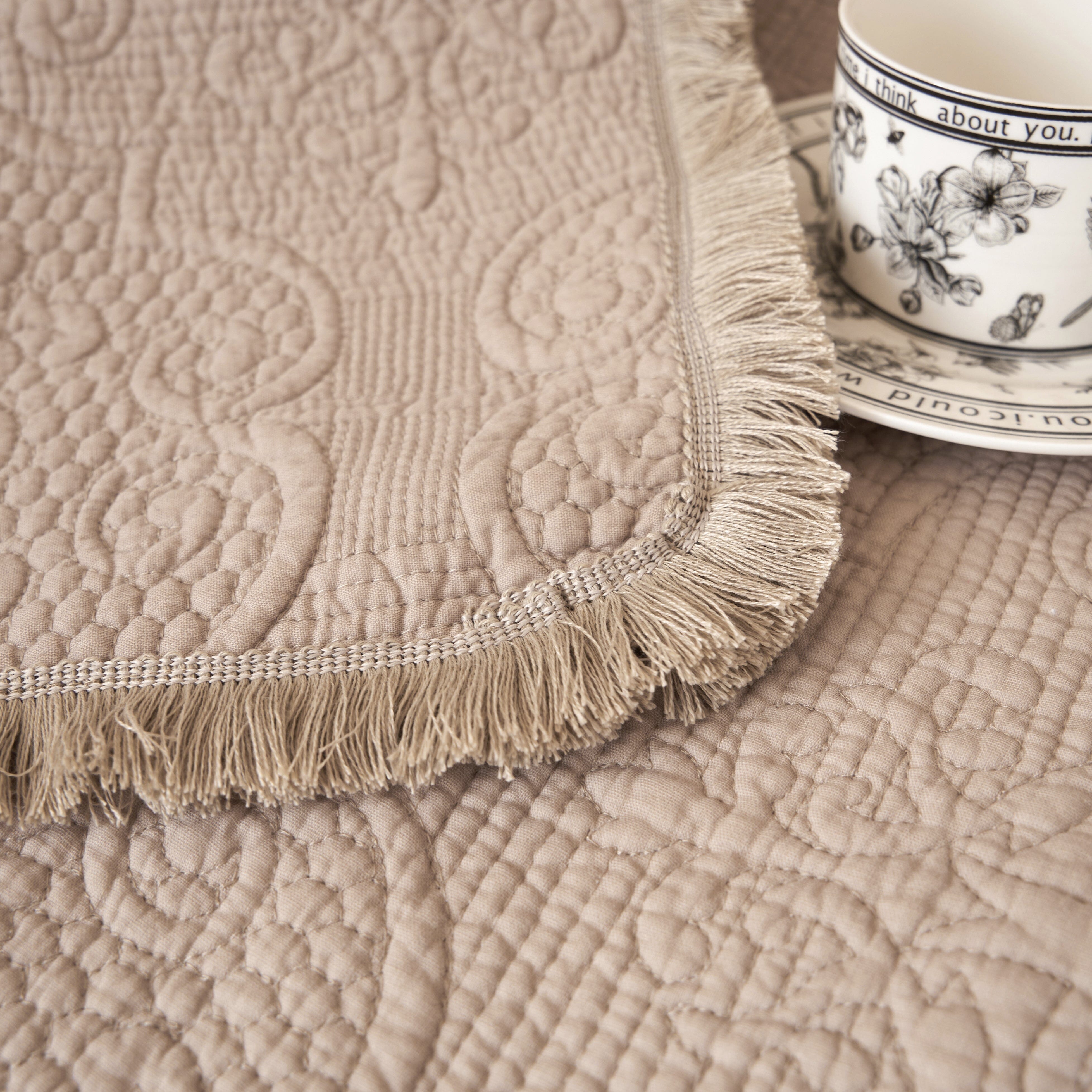 Elegant Fringed Cotton Quilted Throw Blanket - Luxurious Solid Soft Paisley Pattern, Cozy Lightweight Lap Throw, Perfect for Couch or Bed, Neutral Sandy Taupe Tan Beige, 50x60 Inches-Tolkye
