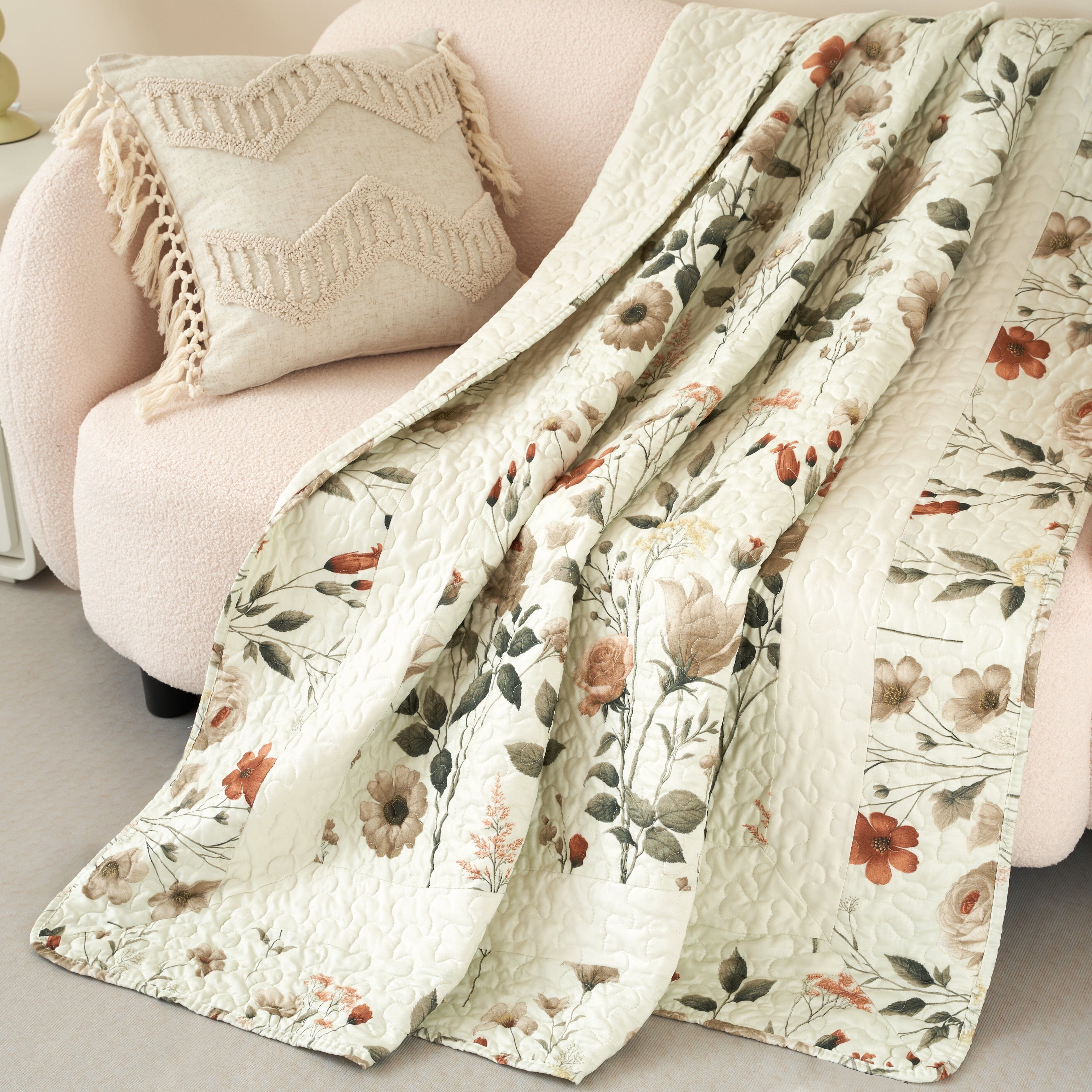 Enchanted Meadow Reversible Floral Cozy Lightweight Lap Throw - Perfect for Couch or Bed, Beige Victorian Garden Pallete, All-Season Comfort, Machine Washable, 50x60 Inches-Tolkye