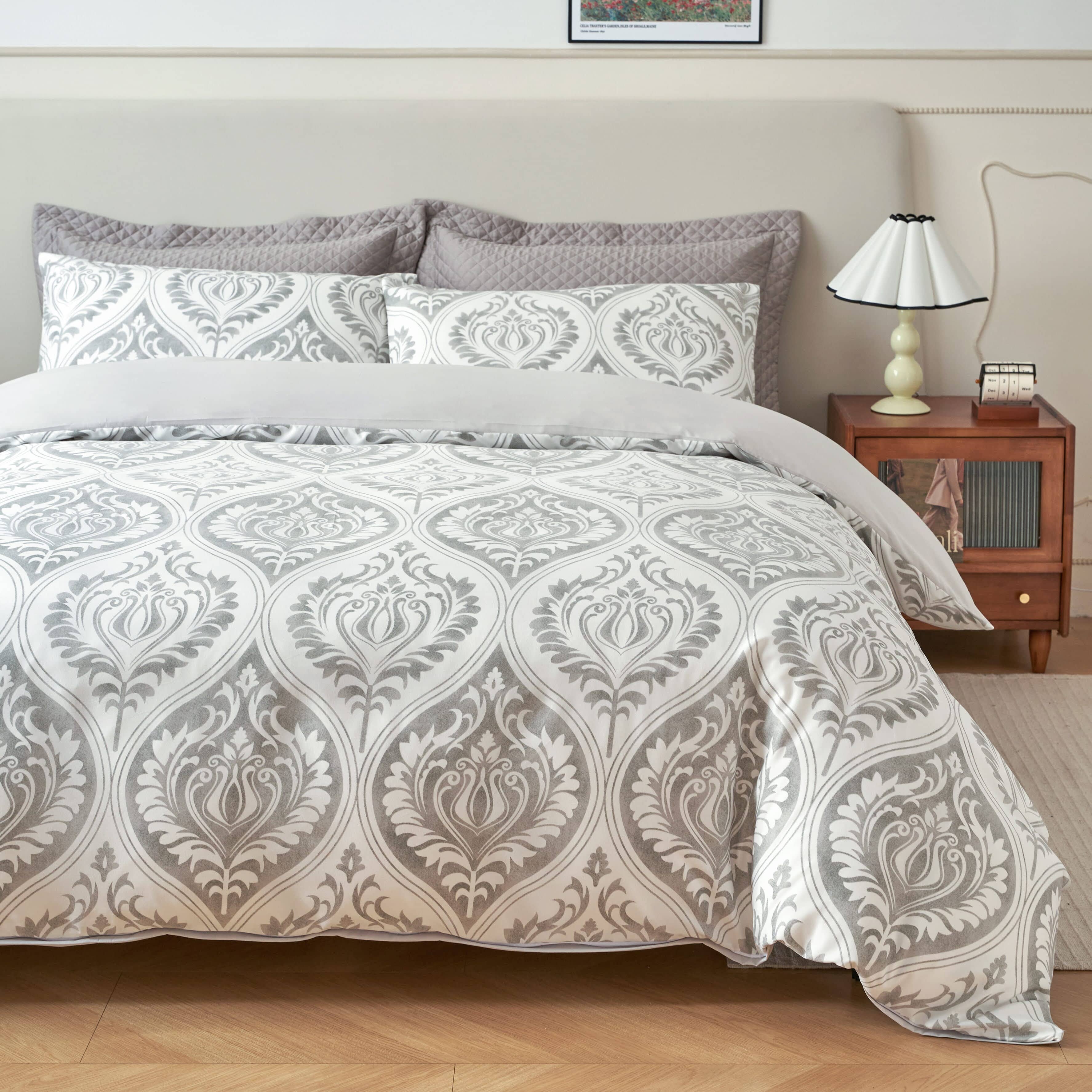 Dreamy Moon Sky Ogee Damask Heather Gray White Duvet Cover