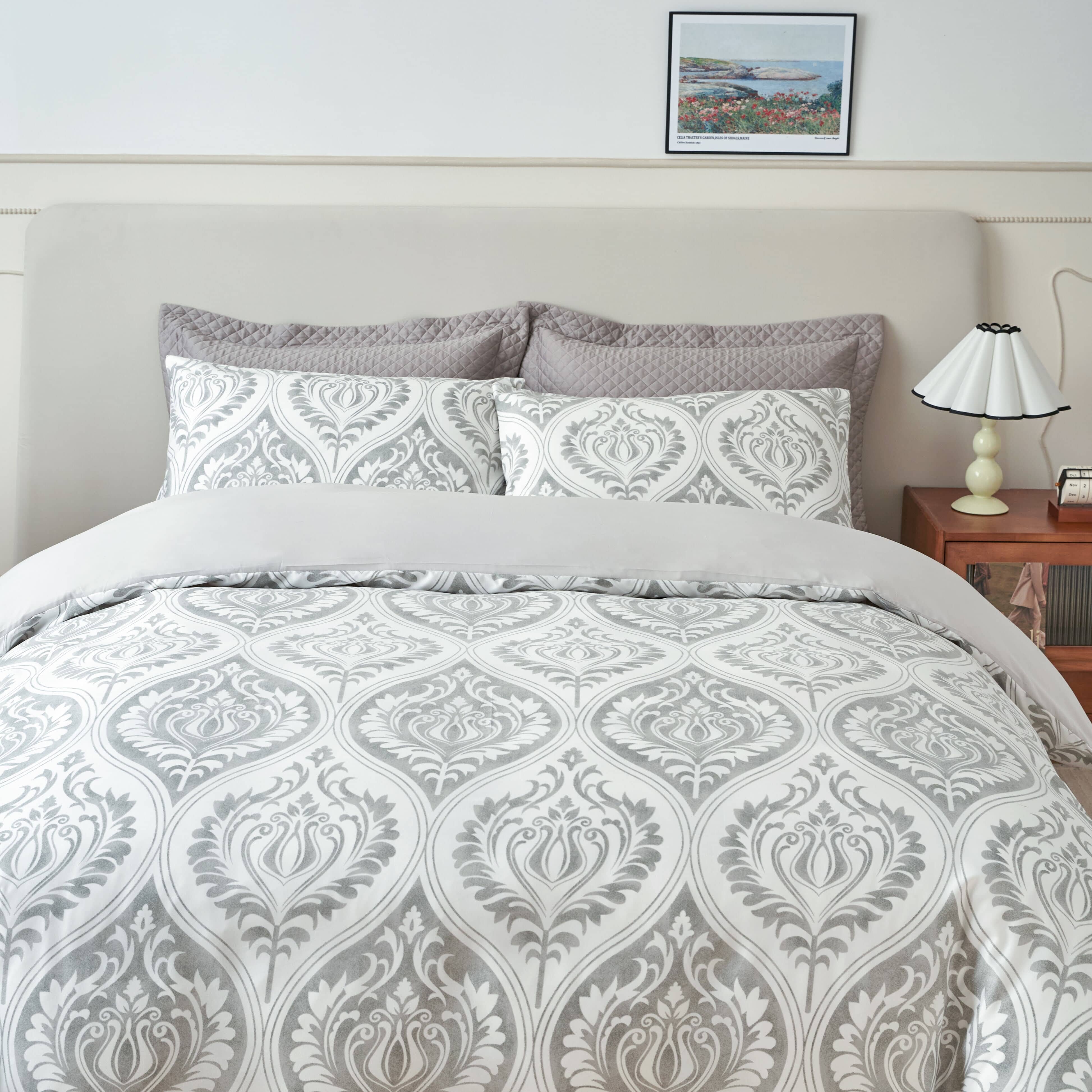 Dreamy Moon Sky Ogee Damask Heather Gray White Duvet Cover